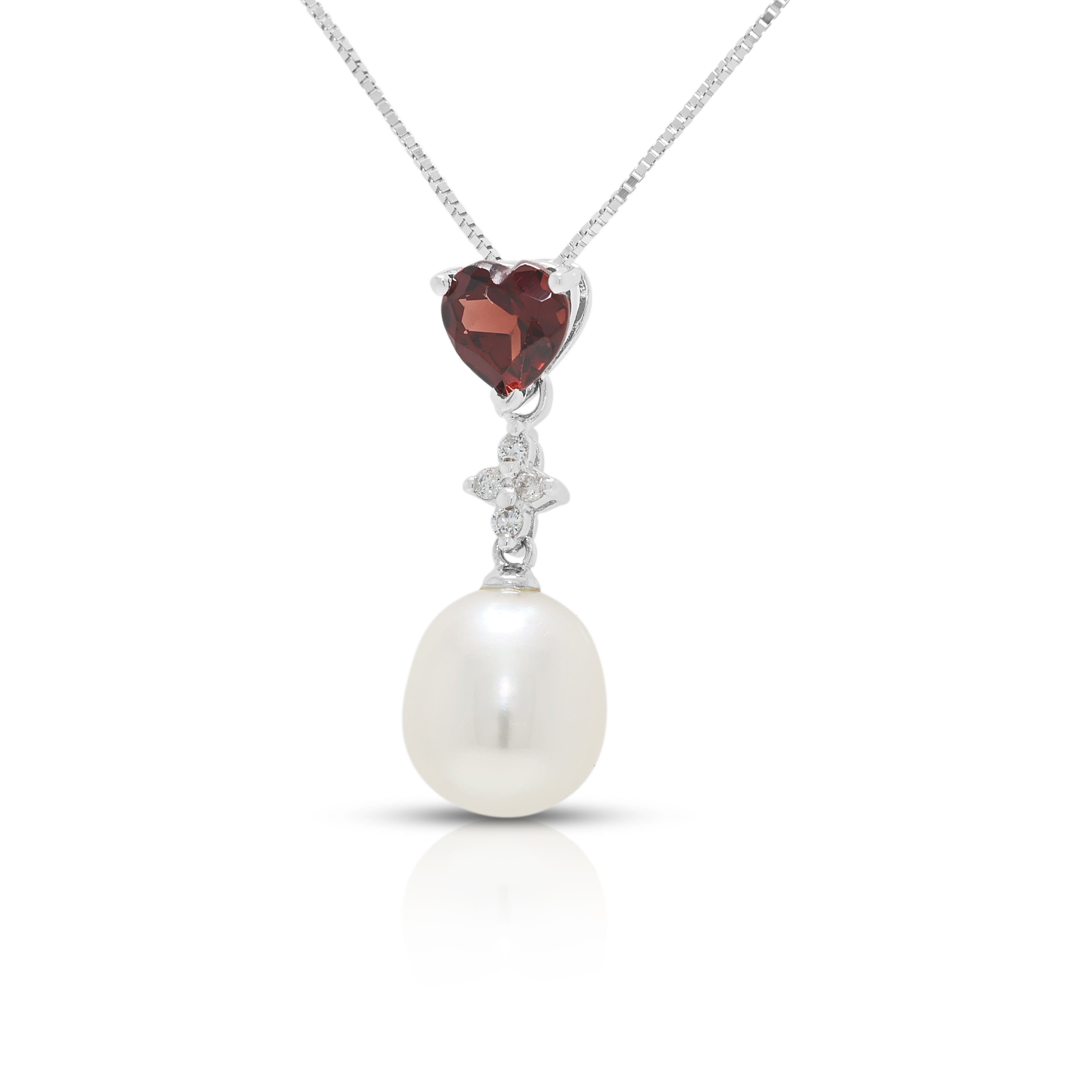 Romantic 0.35ct Garnet, 0.02ct Natural Diamond and Fresh Water Pearl Drop Necklace in 14K White Gold
