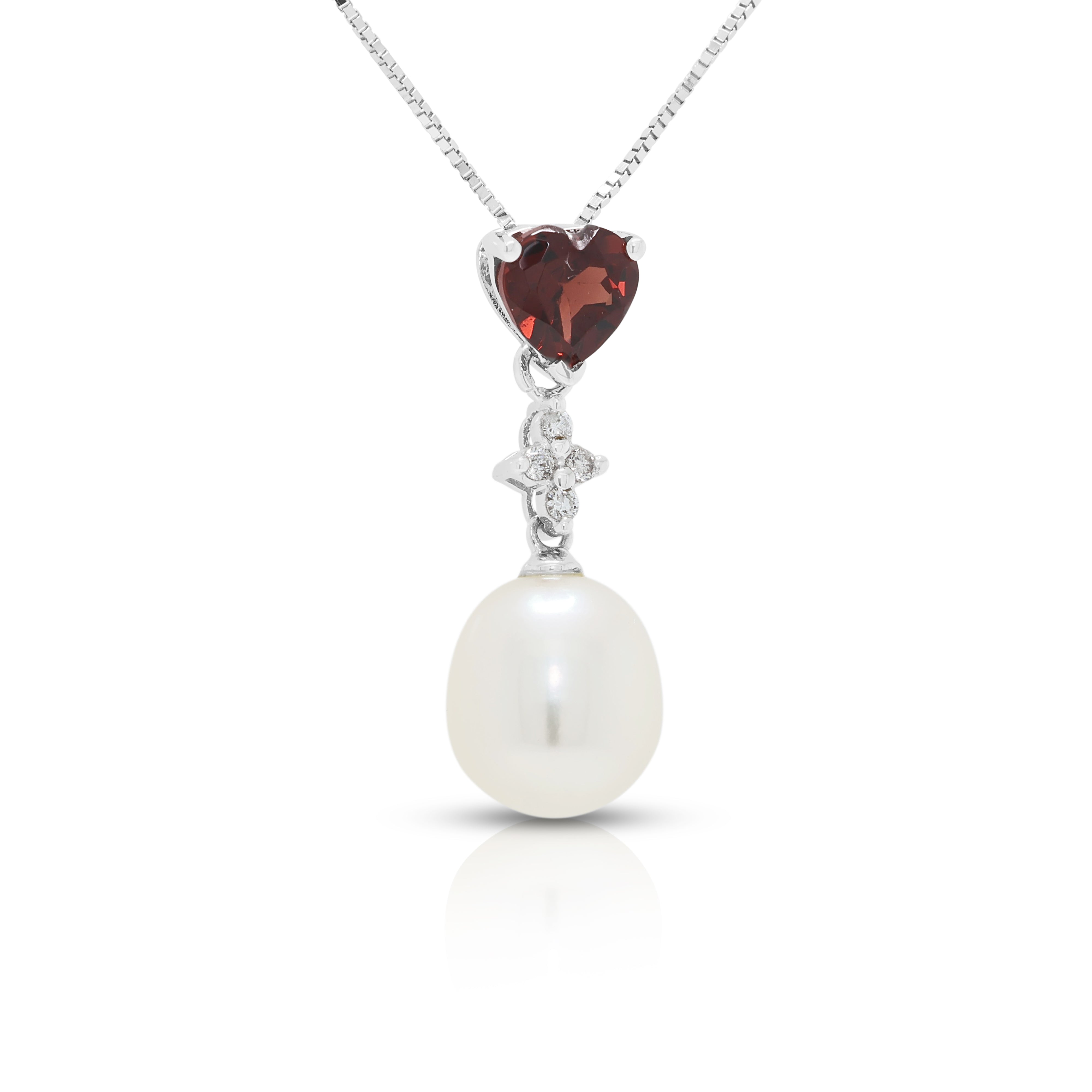 Romantic 0.35ct Garnet, 0.02ct Natural Diamond and Fresh Water Pearl Drop Necklace in 14K White Gold