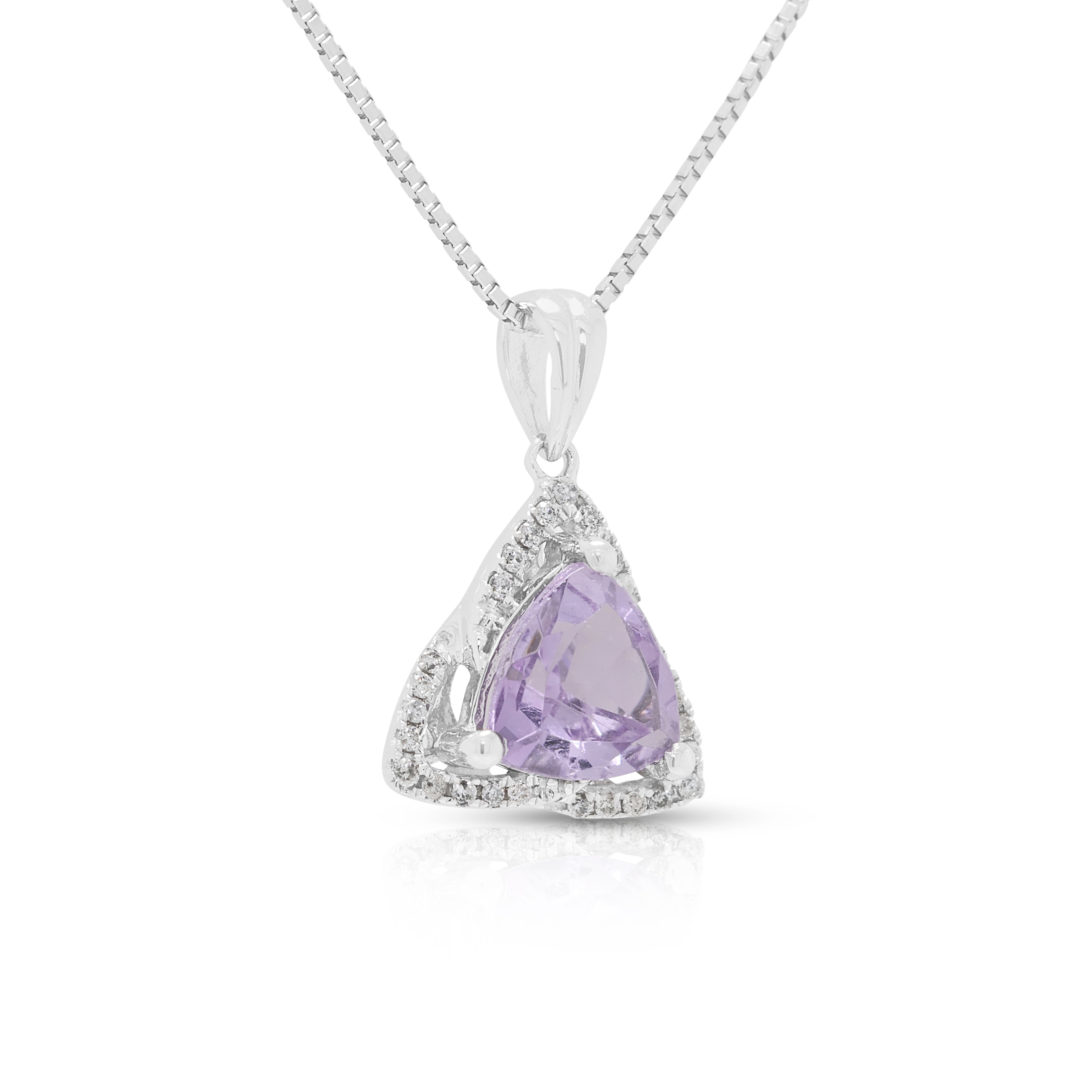 Radiant 0.80ct Amethyst and 0.13ct Natural Diamond Halo Necklace in 9K White Gold