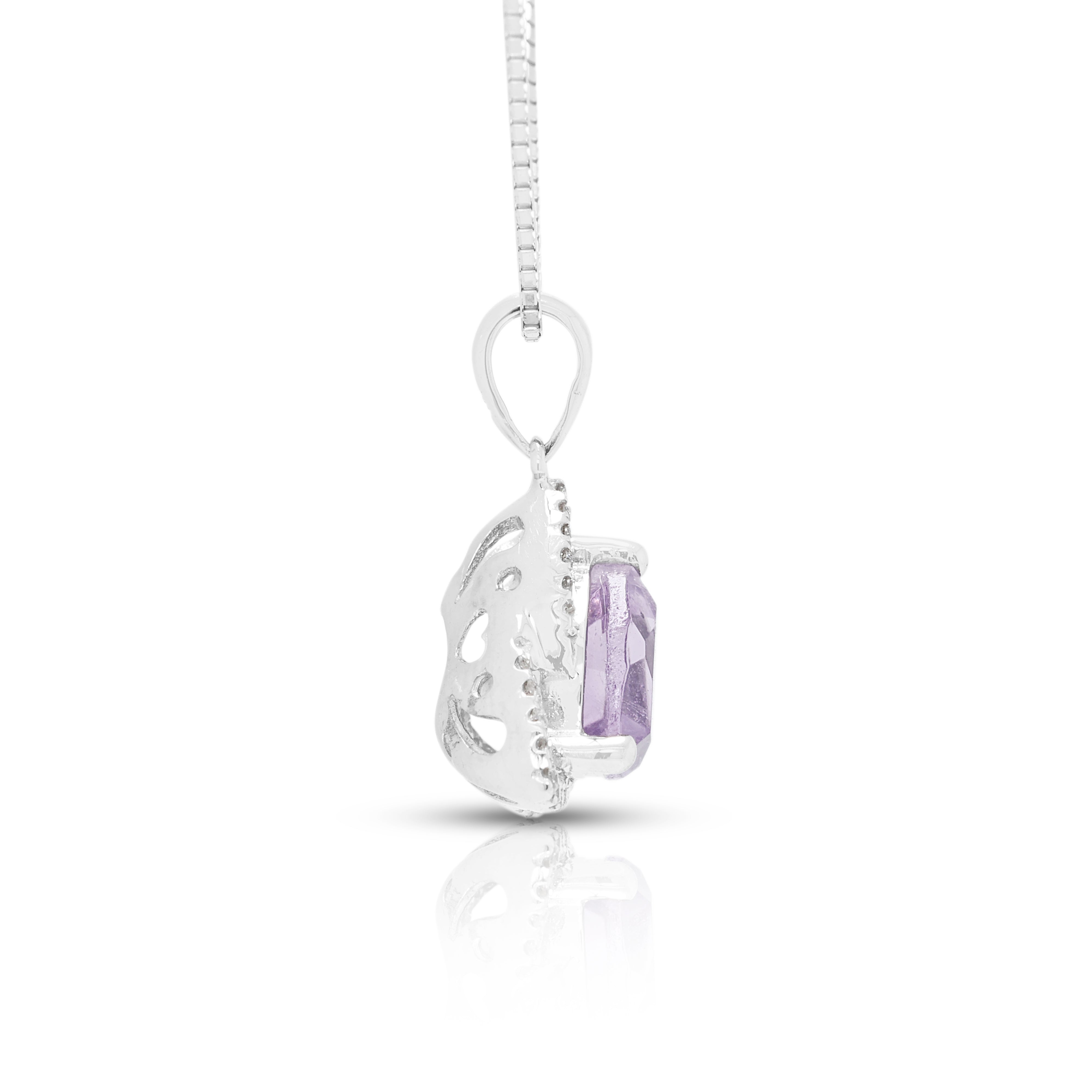 Radiant 0.80ct Amethyst and 0.13ct Natural Diamond Halo Necklace in 9K White Gold
