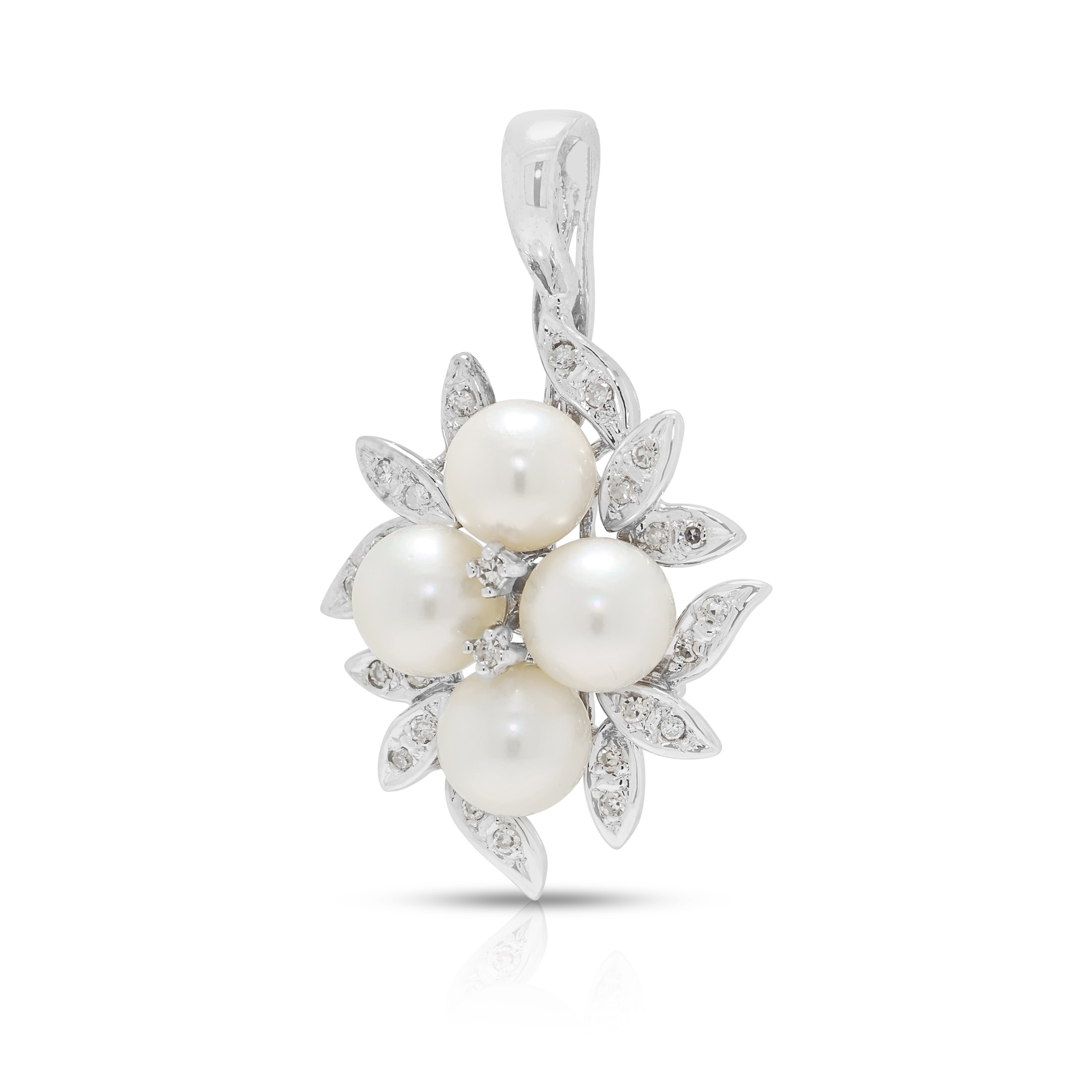 Exquisite Pearl and 0.20ct Natural Diamond Floral Enhancer Pendant in 14K White Gold