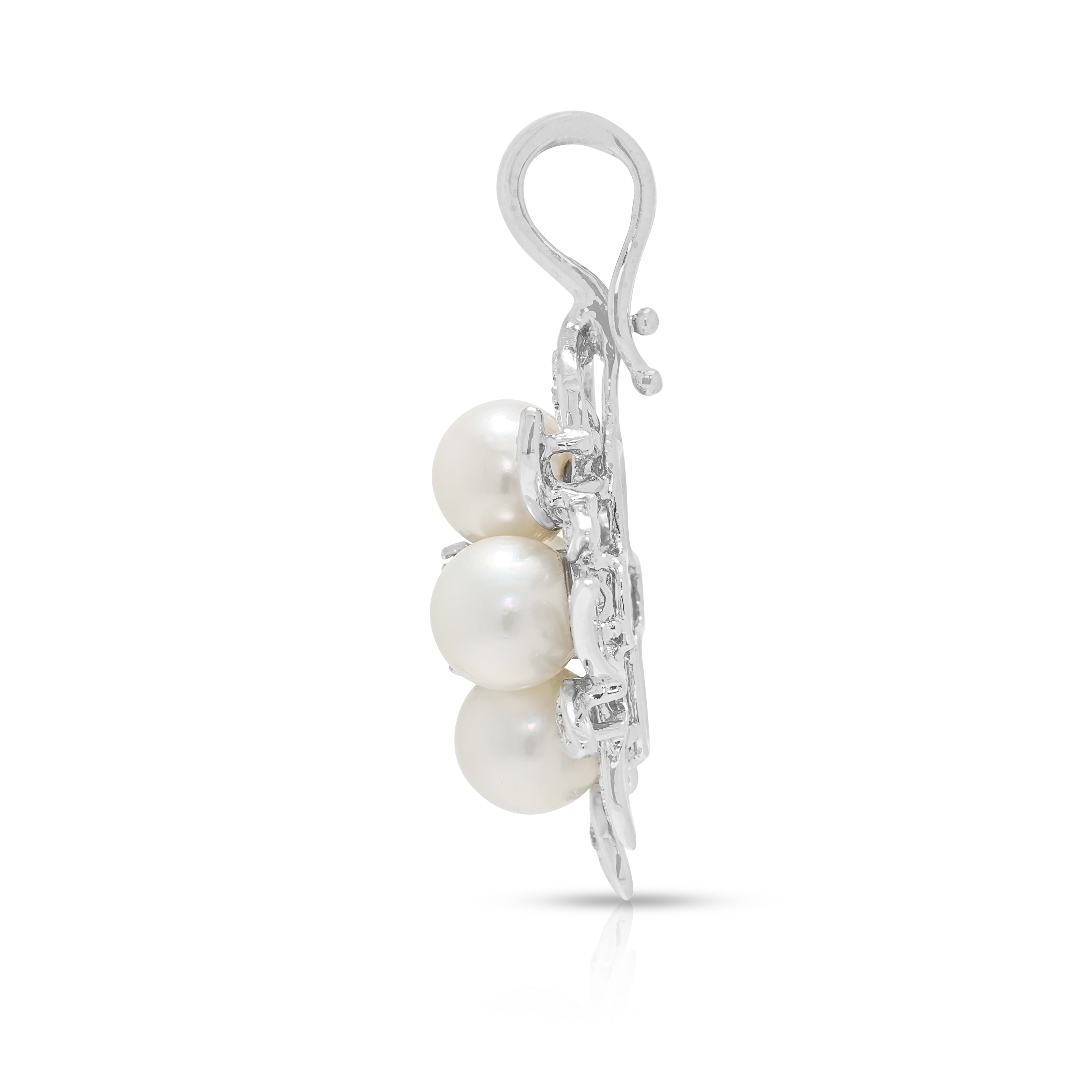 Exquisite Pearl and 0.20ct Natural Diamond Floral Enhancer Pendant in 14K White Gold