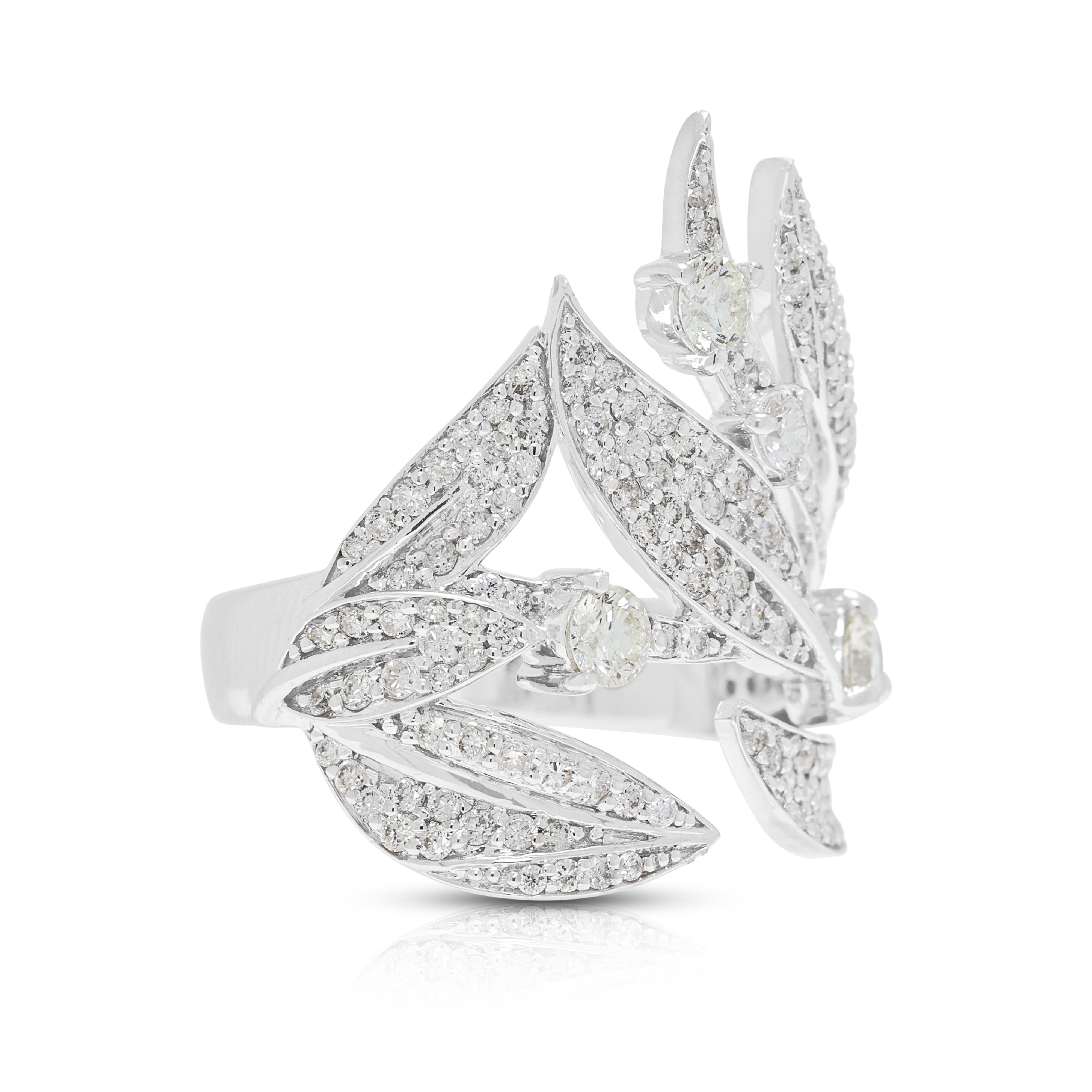 Exquisite 1.34ct Natural Diamond Leaf Motif Open-Work Ring in 18K White Gold