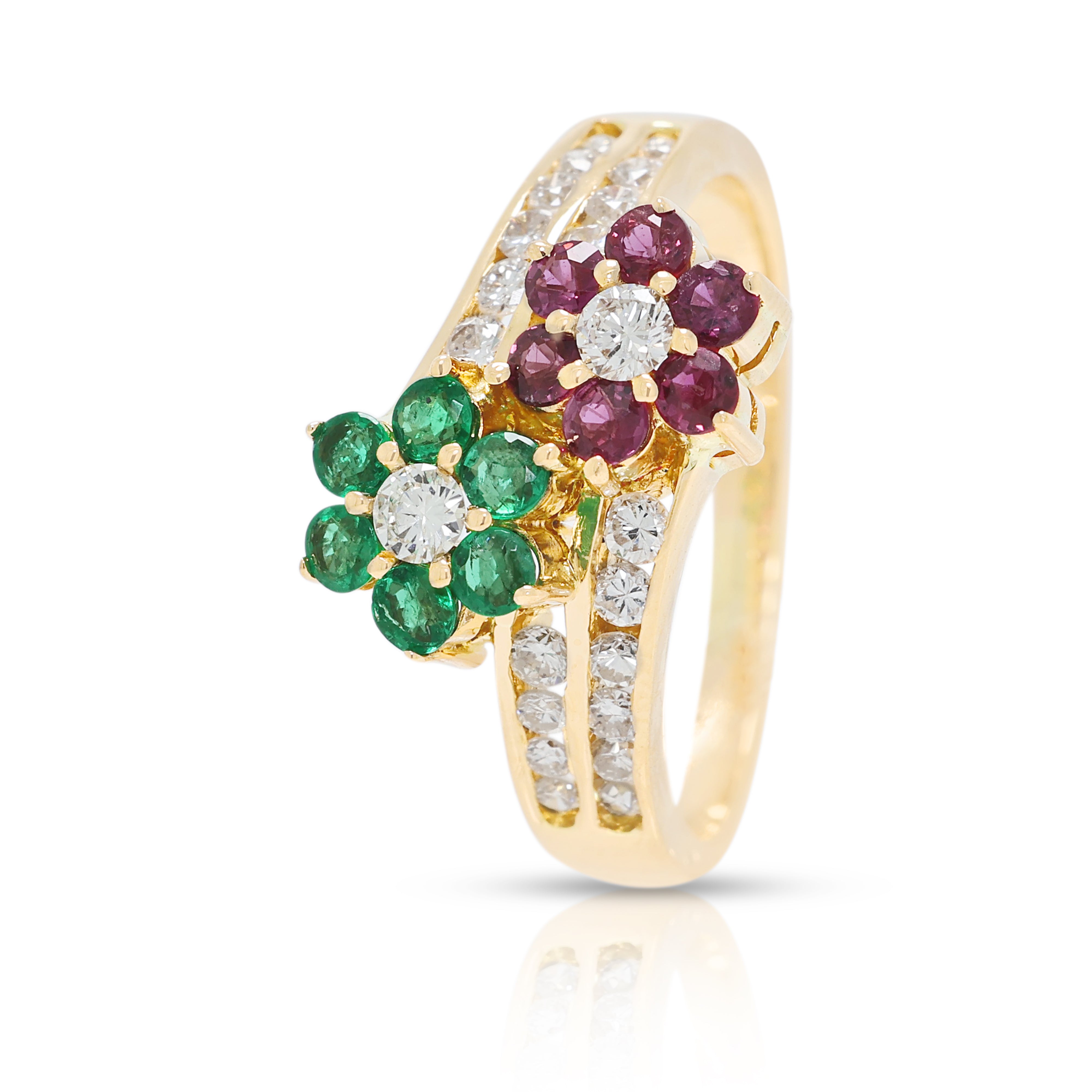 Enchanting 0.09ct Emerald, 0.09ct Ruby and 0.13ct Natural Diamond Floral Bypass Ring in 18K Yellow Gold