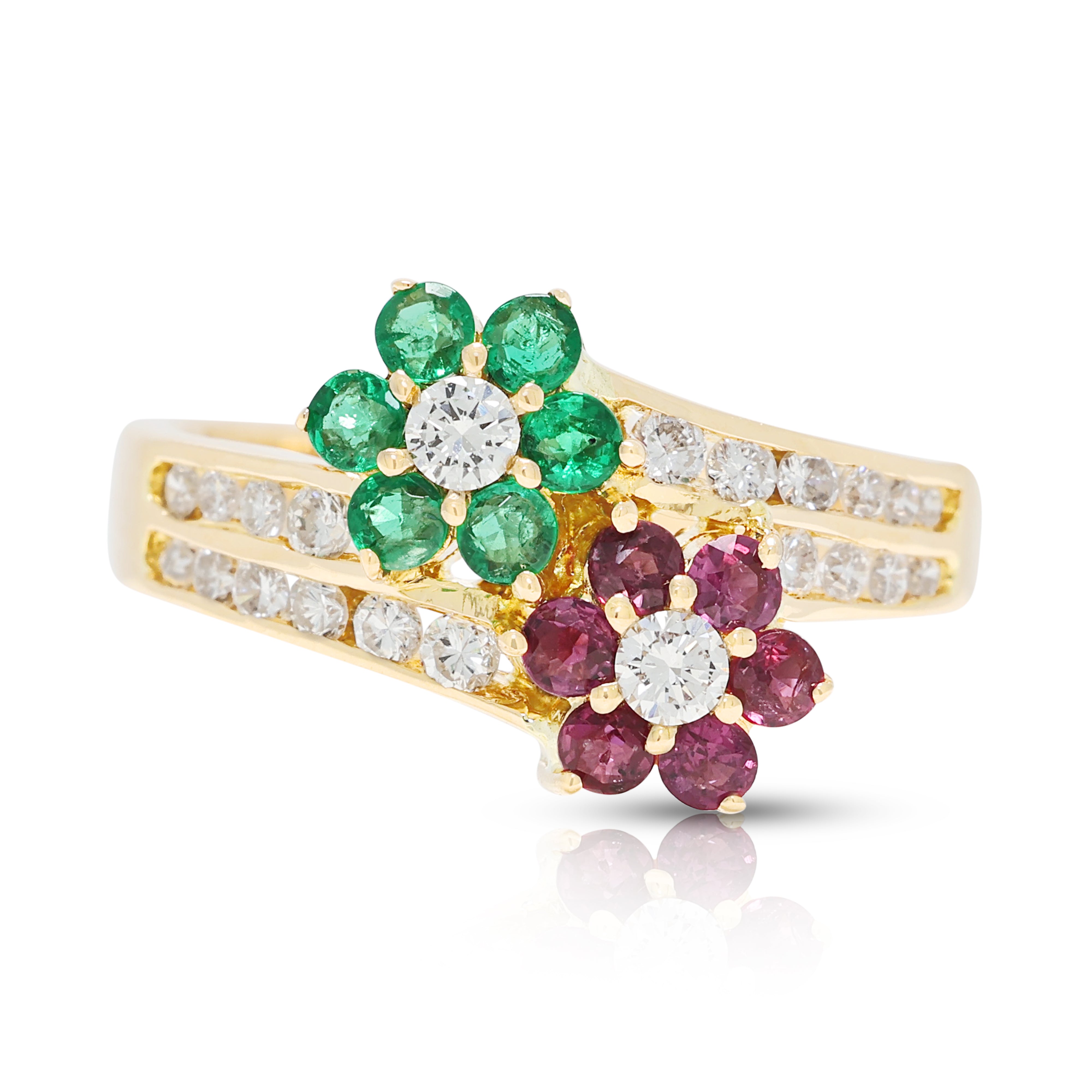 Enchanting 0.09ct Emerald, 0.09ct Ruby and 0.13ct Natural Diamond Floral Bypass Ring in 18K Yellow Gold