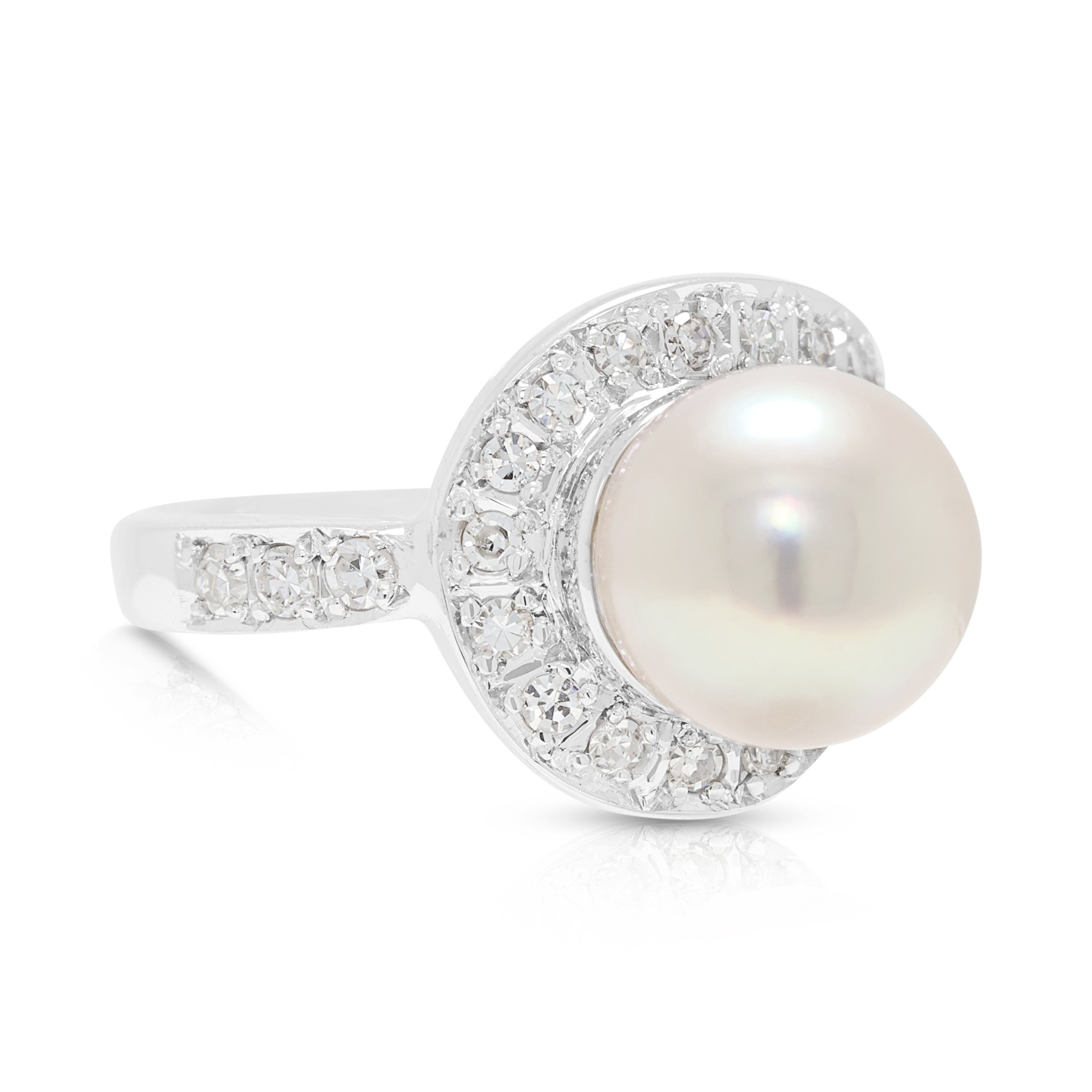Graceful 8.5mm Pink Akoya Pearl and 0.20ct Natural Diamond Swirl Ring in 14K White Gold