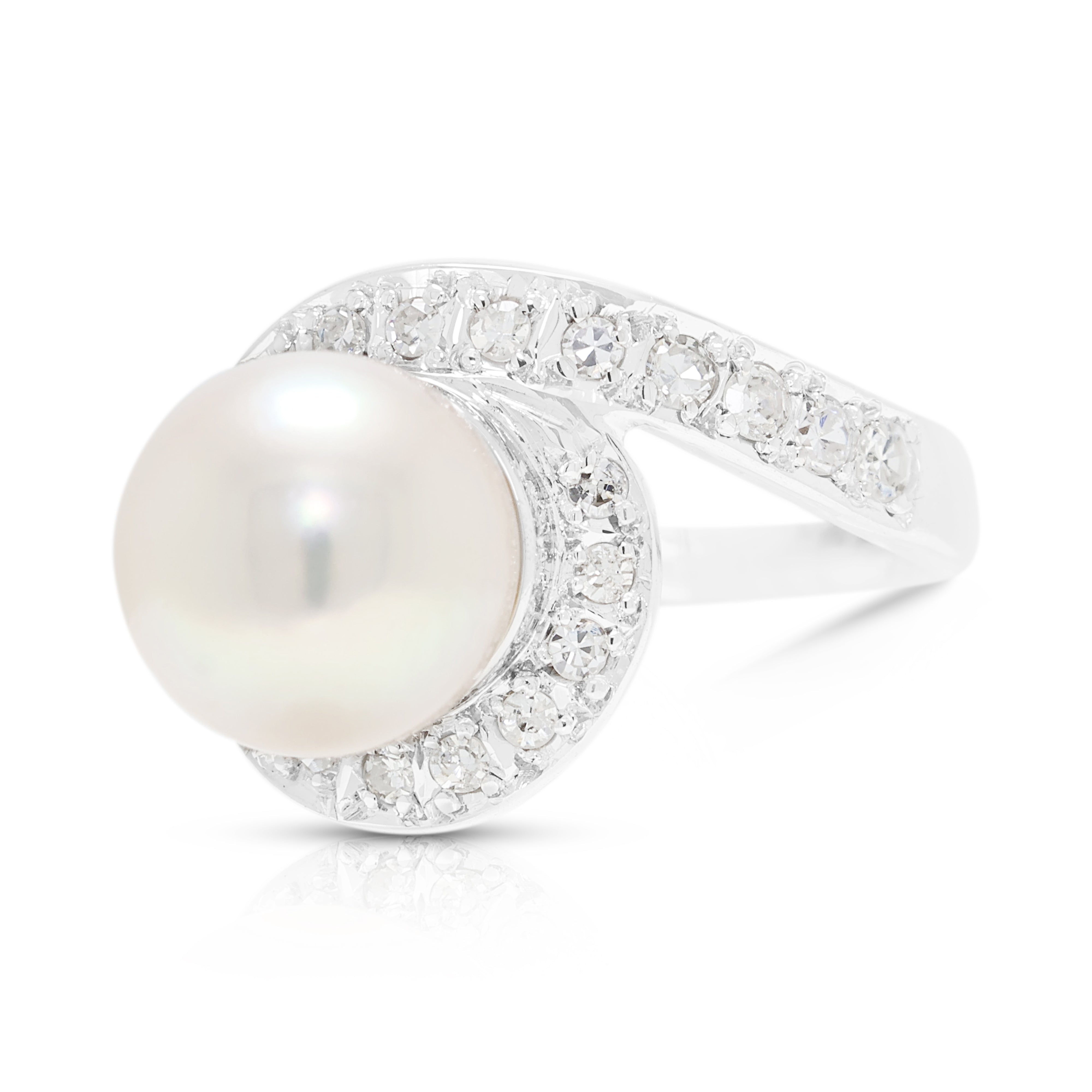 Graceful 8.5mm Pink Akoya Pearl and 0.20ct Natural Diamond Swirl Ring in 14K White Gold