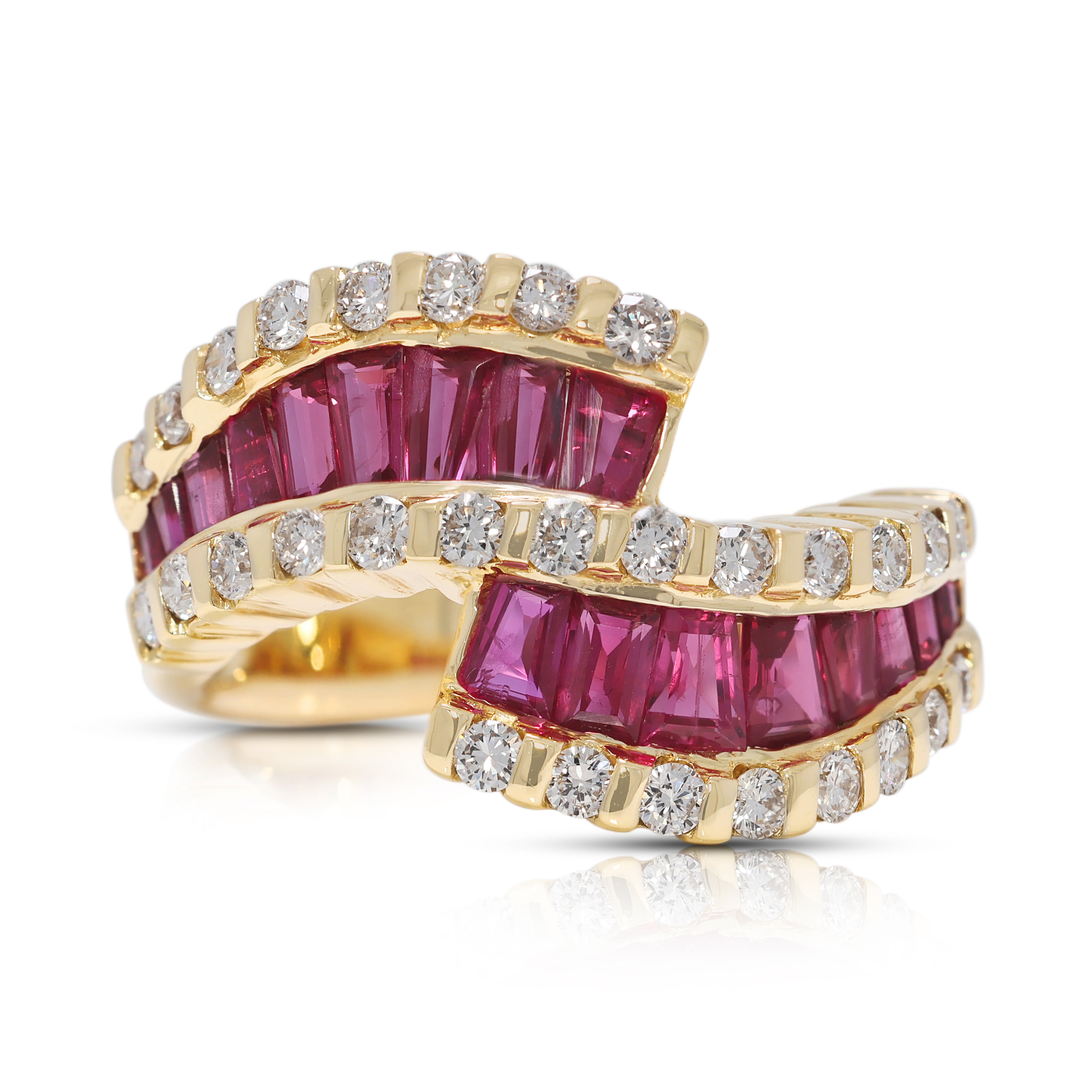 Striking 2.36ct Ruby & Natural Diamond Wave Ring in 18K Yellow Gold