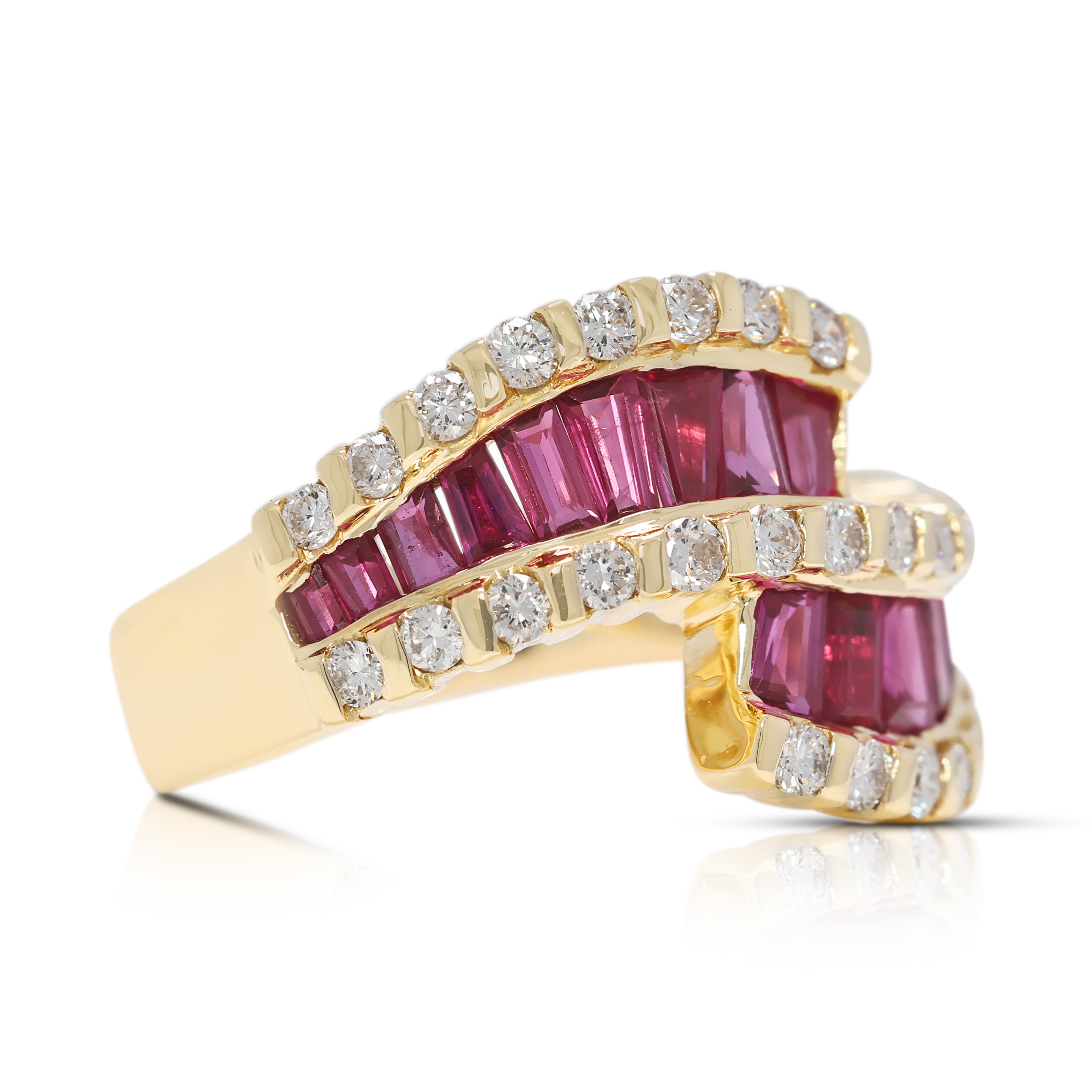 Striking 2.36ct Ruby & Natural Diamond Wave Ring in 18K Yellow Gold