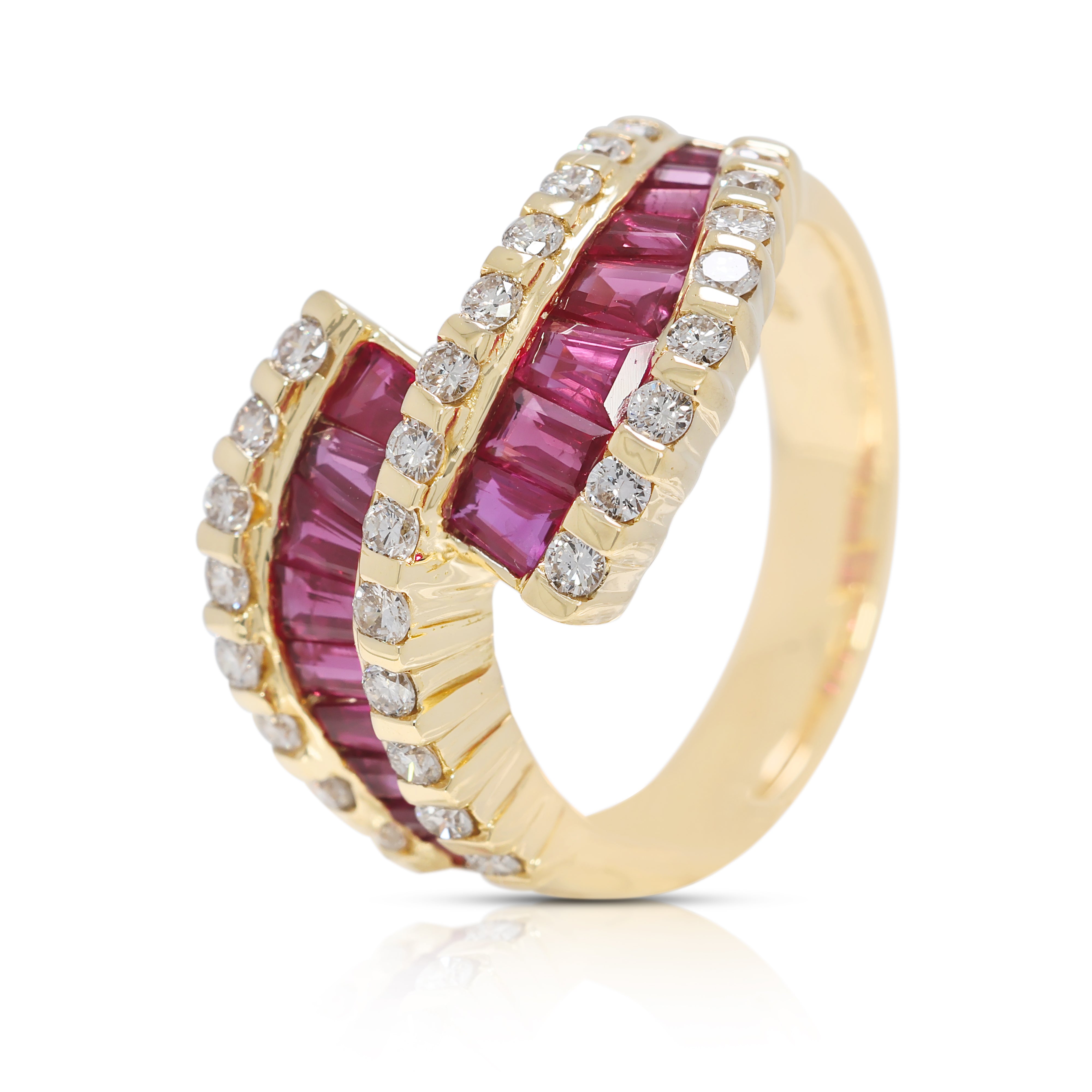 Striking 2.36ct Ruby & Natural Diamond Wave Ring in 18K Yellow Gold