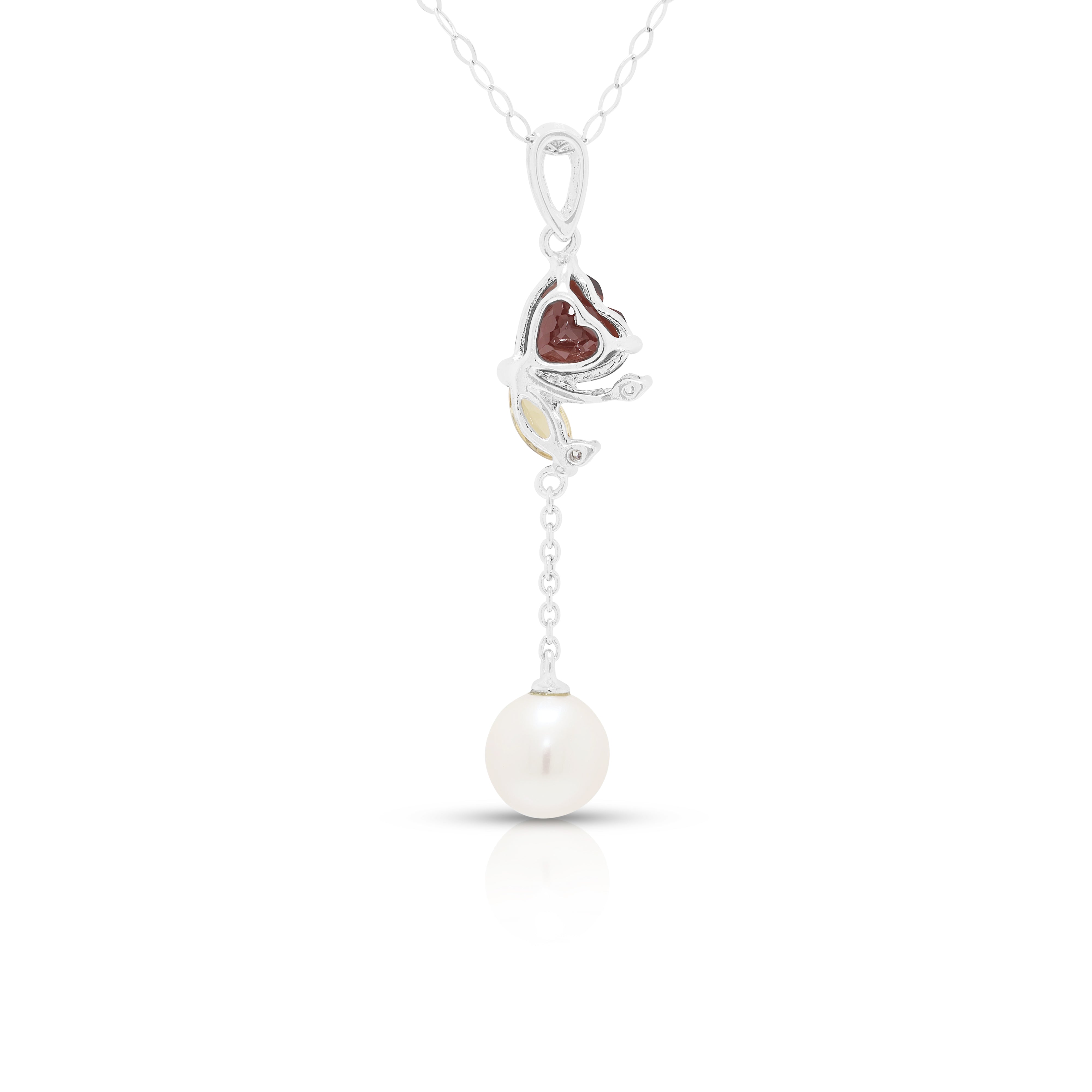 Delicate 0.60ct Garnet, 0.10ct Citrine and Pearl Drop Pendant Necklace in 14K White Gold