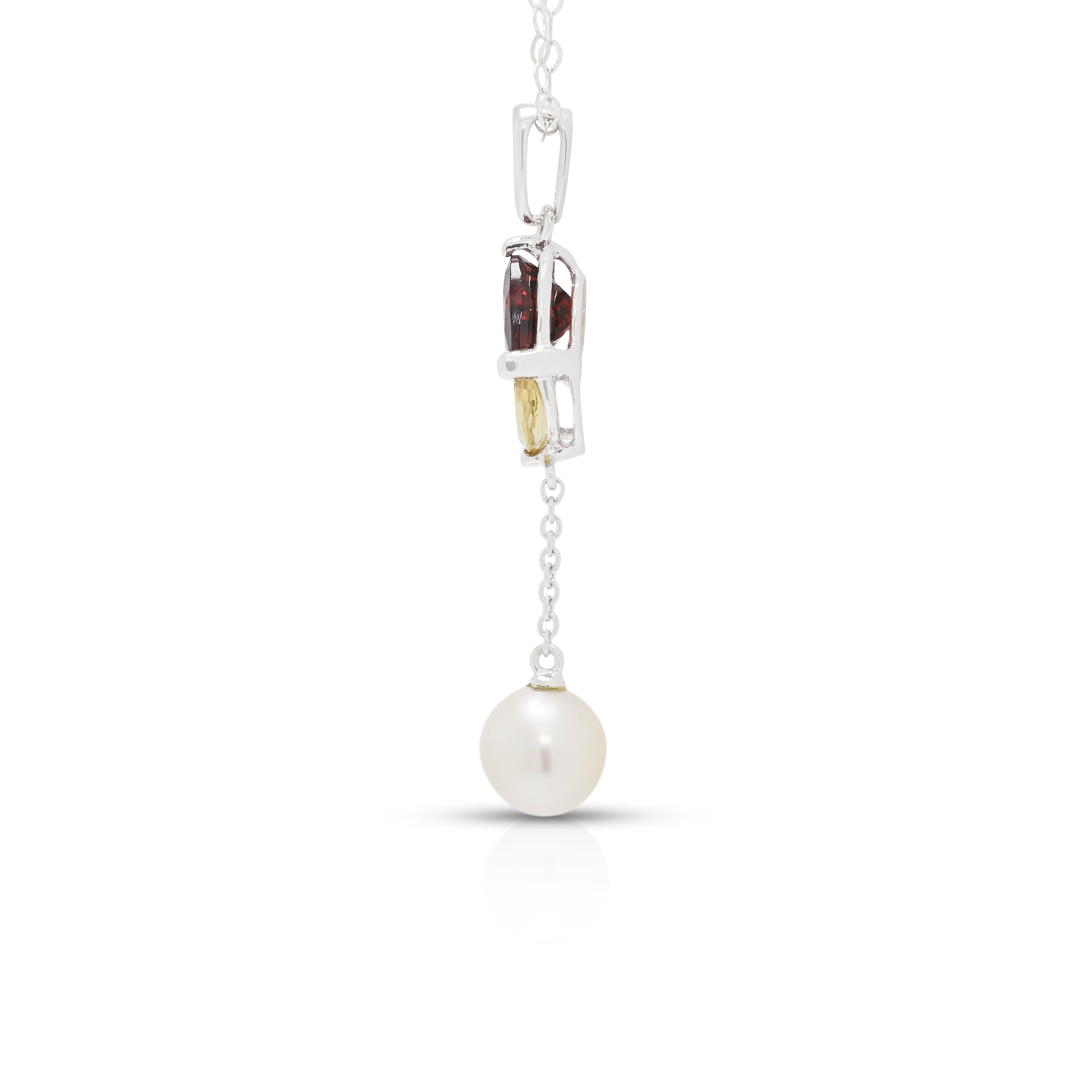 Delicate 0.60ct Garnet, 0.10ct Citrine and Pearl Drop Pendant Necklace in 14K White Gold