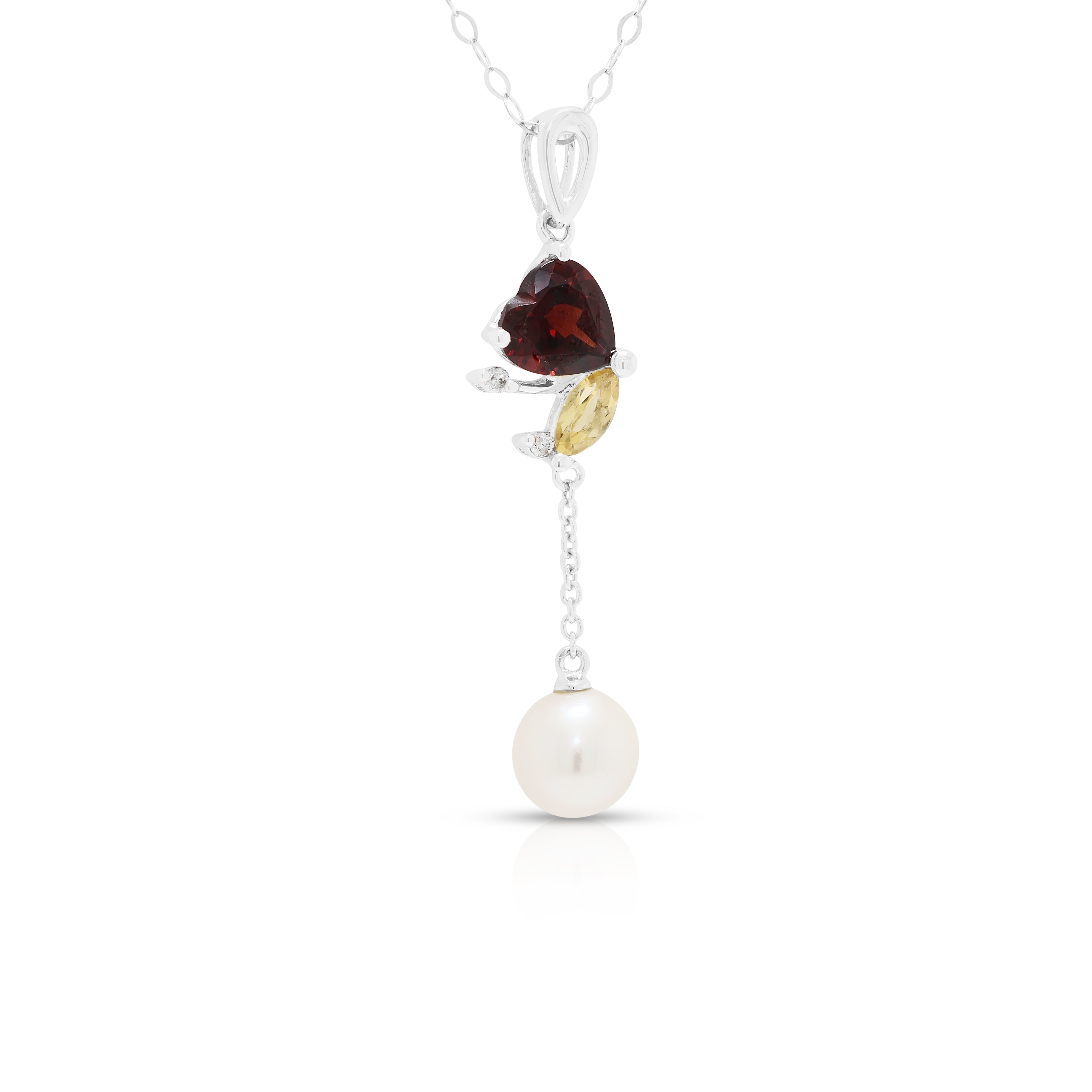 Delicate 0.60ct Garnet, 0.10ct Citrine and Pearl Drop Pendant Necklace in 14K White Gold