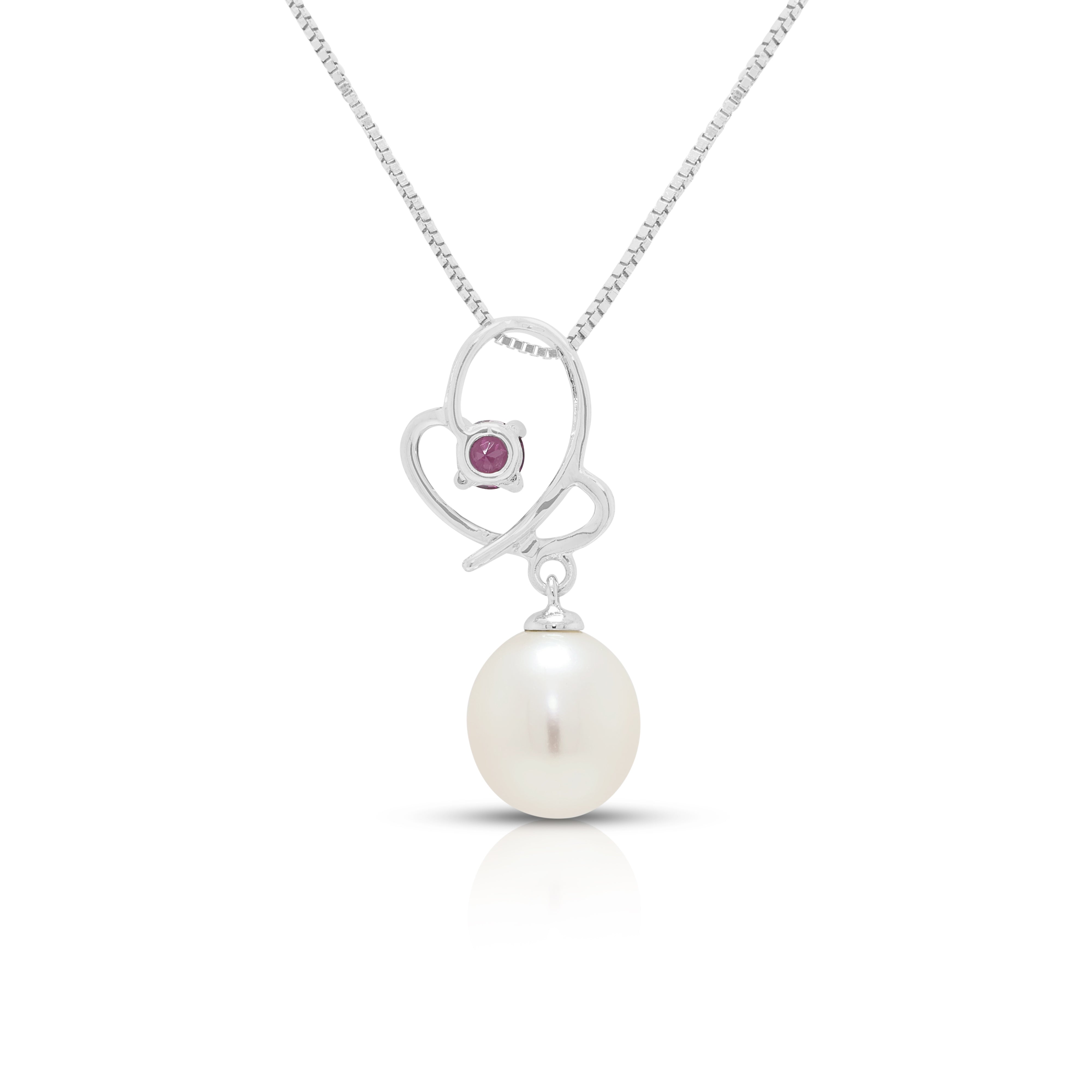 Charming Pearl and 0.12ct Garnet Open Heart Drop Pendant Necklace in 14K White Gold