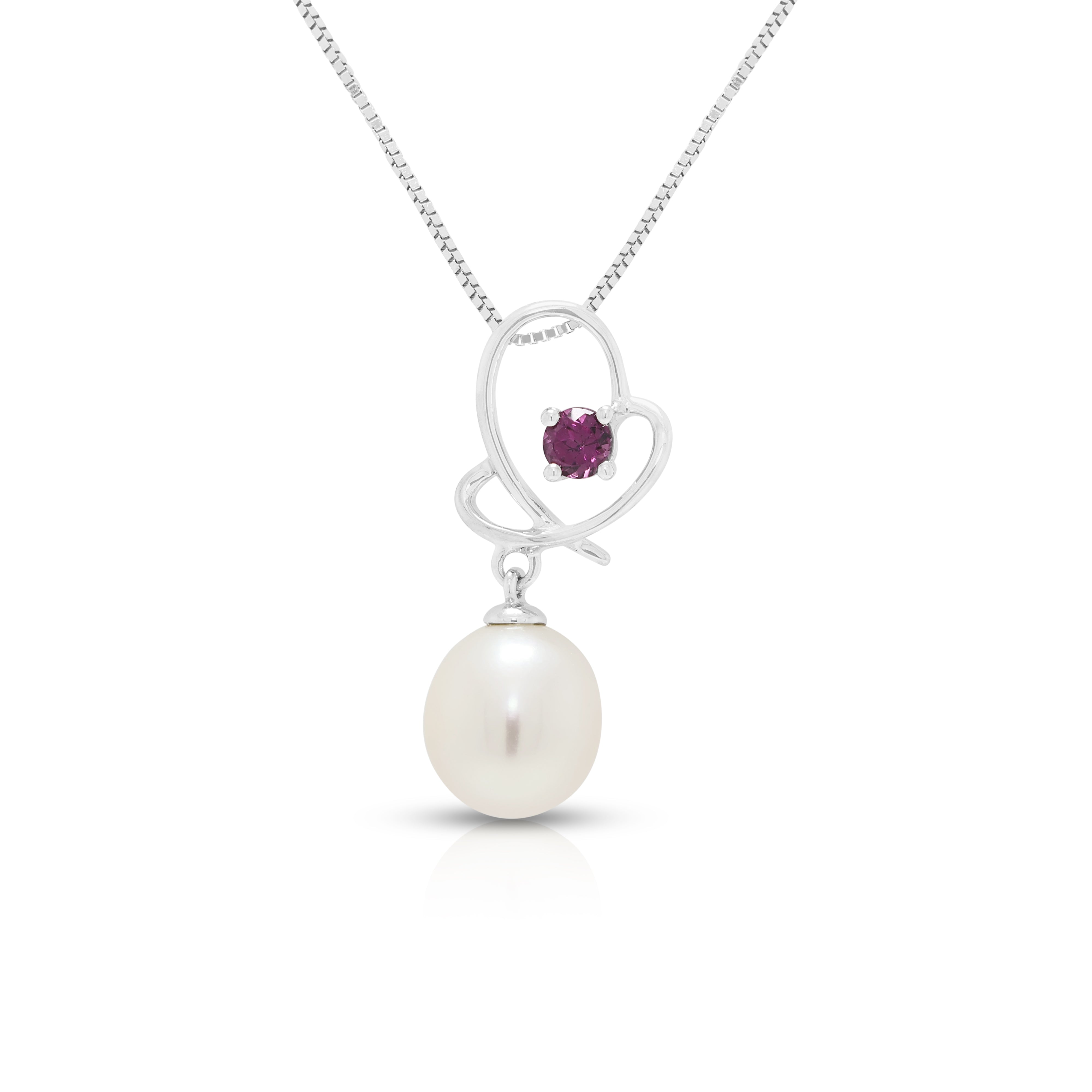 Charming Pearl and 0.12ct Garnet Open Heart Drop Pendant Necklace in 14K White Gold