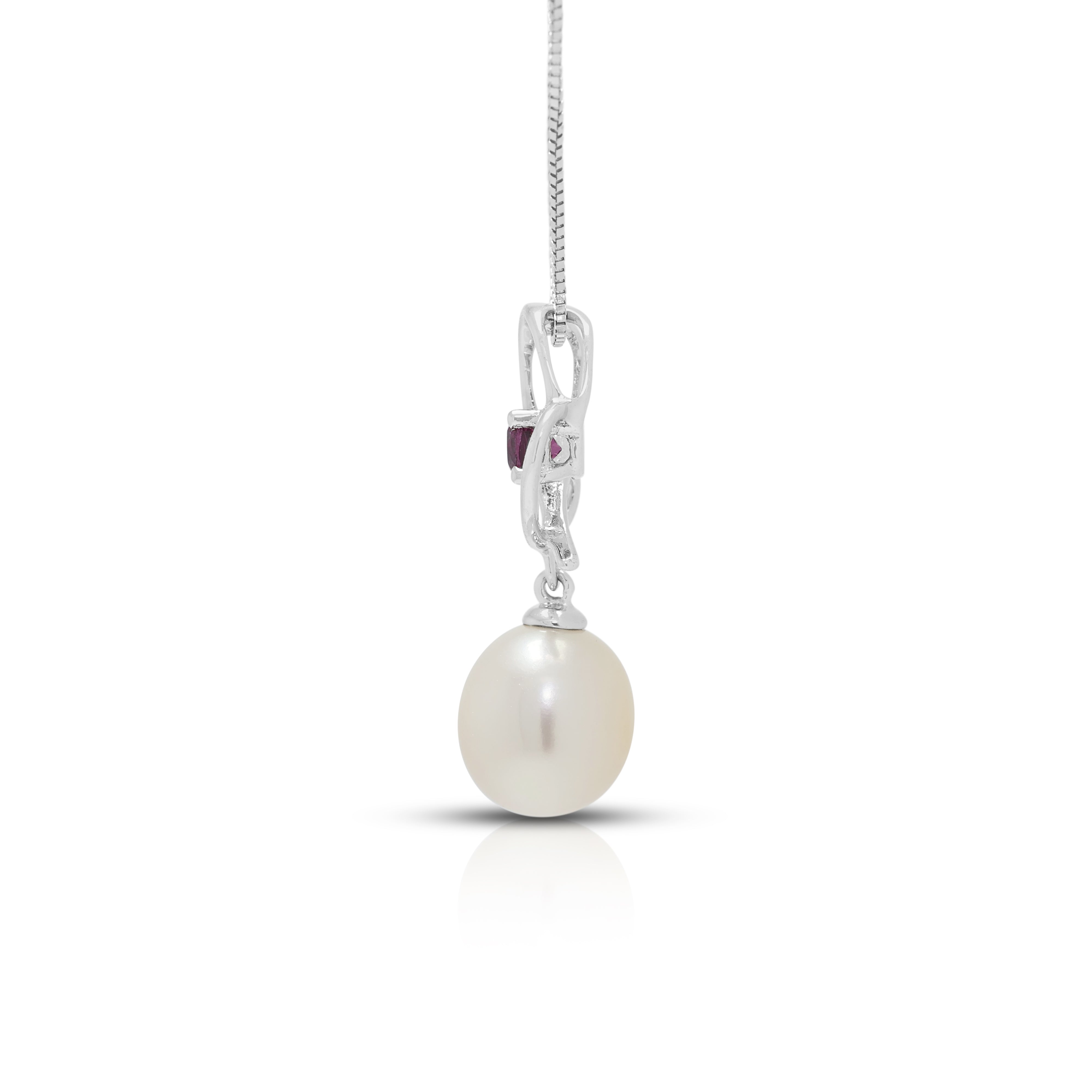 Charming Pearl and 0.12ct Garnet Open Heart Drop Pendant Necklace in 14K White Gold