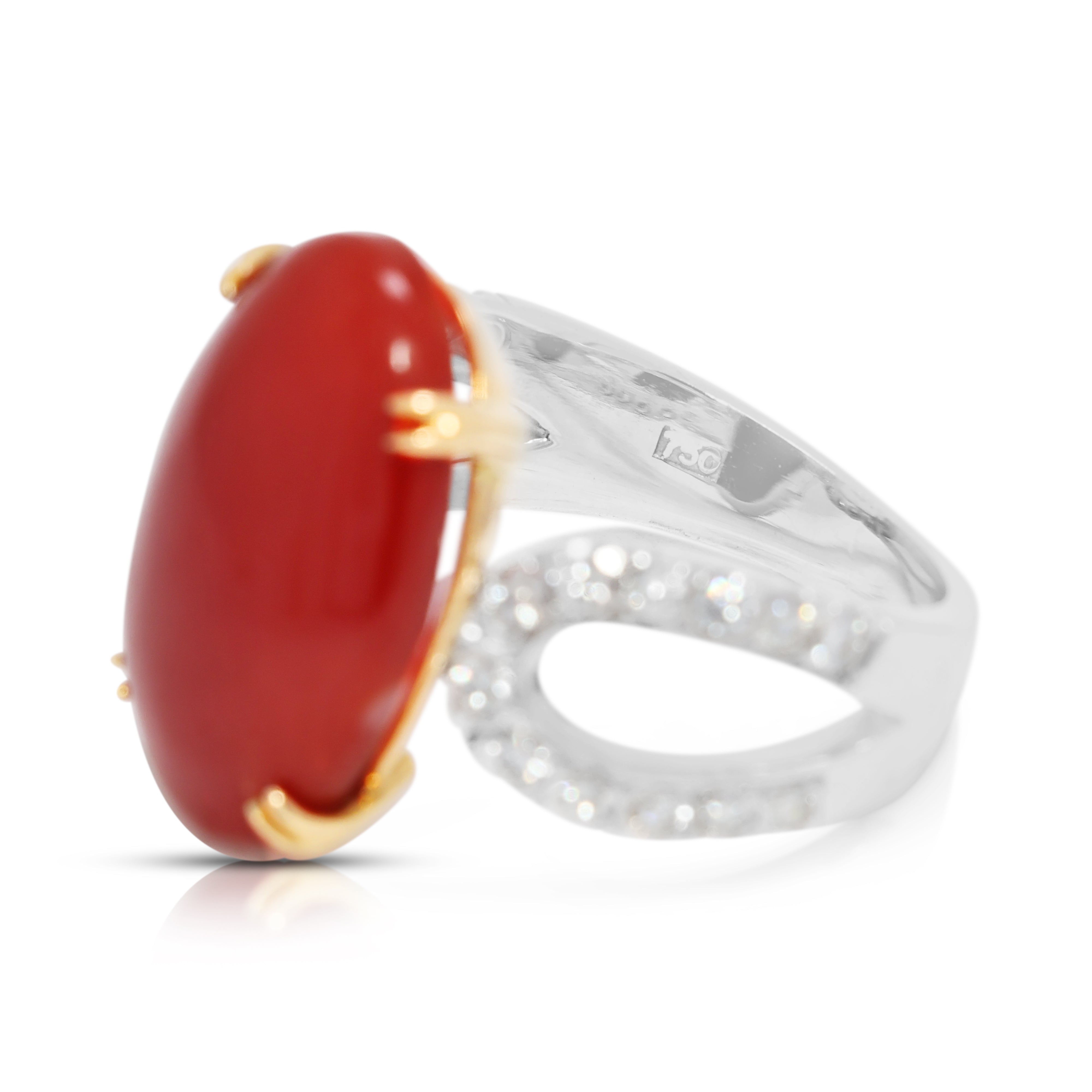 Bold 0.84ct Natural Diamond & Coral Oval Ring in 18K Two-Toned Gold (New & Unworn)