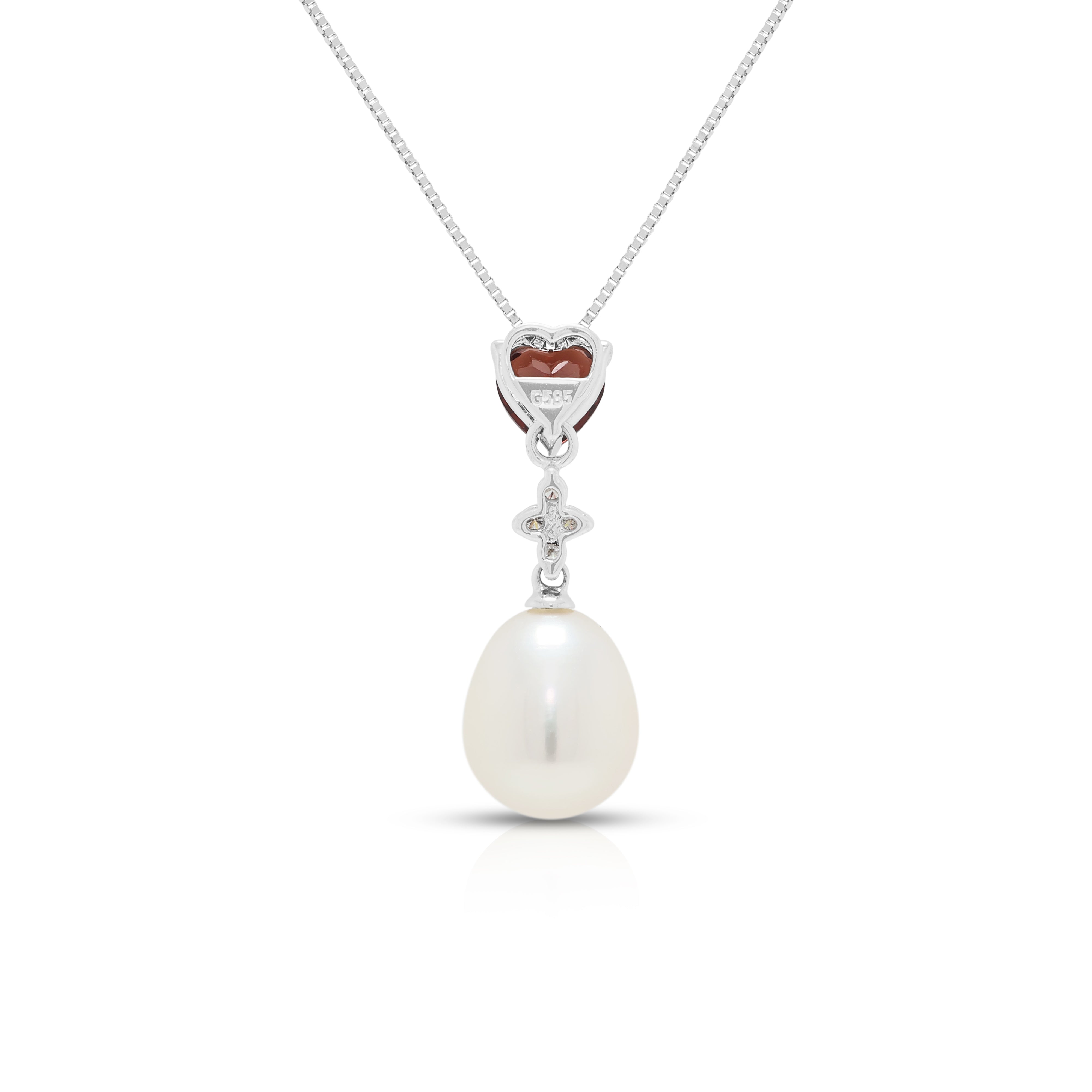 Enchanting 0.30ct Garnet, Pearl and 0.02ct Natural Diamond Drop Pendant Necklace in 14K White Gold