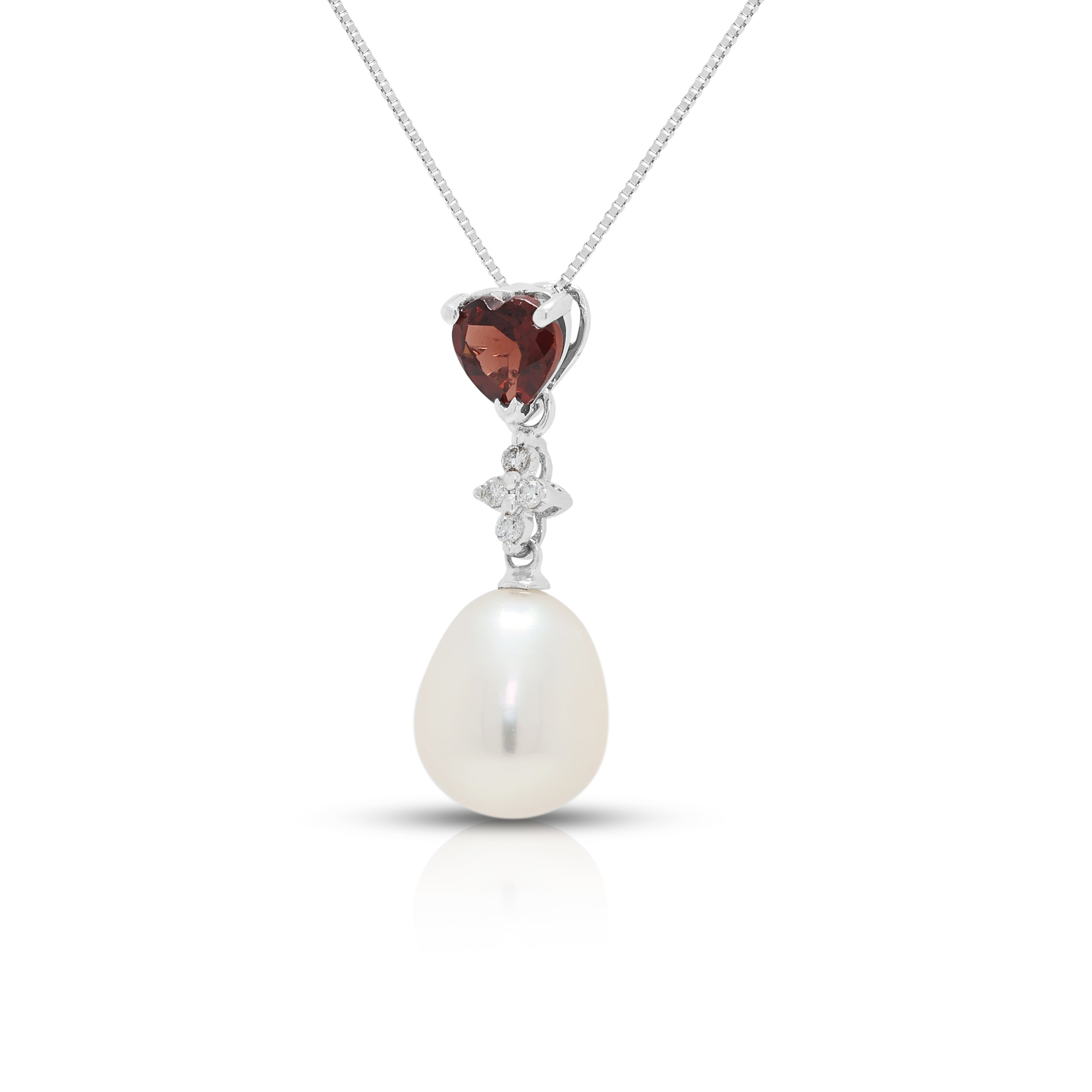 Enchanting 0.30ct Garnet, Pearl and 0.02ct Natural Diamond Drop Pendant Necklace in 14K White Gold