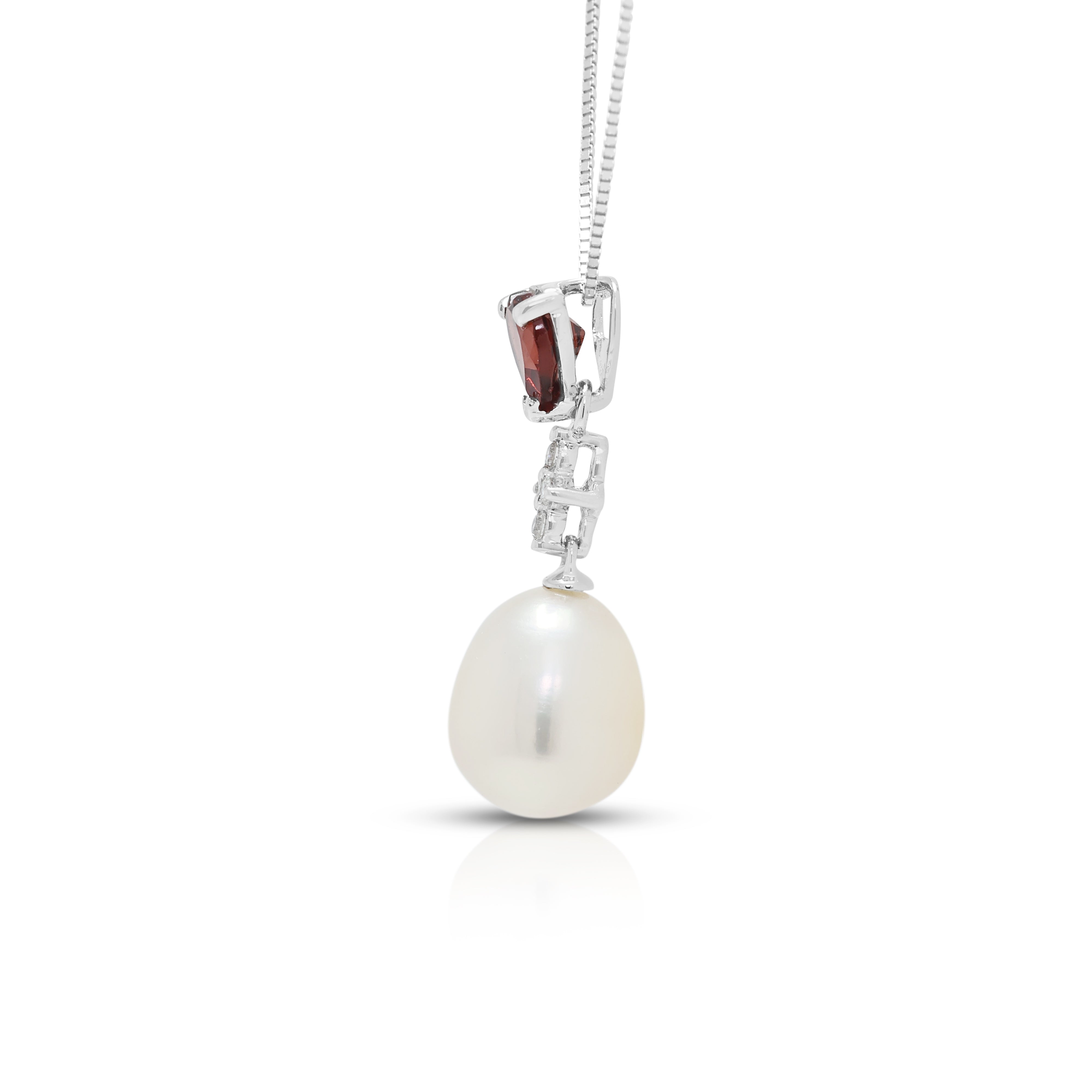 Enchanting 0.30ct Garnet, Pearl and 0.02ct Natural Diamond Drop Pendant Necklace in 14K White Gold