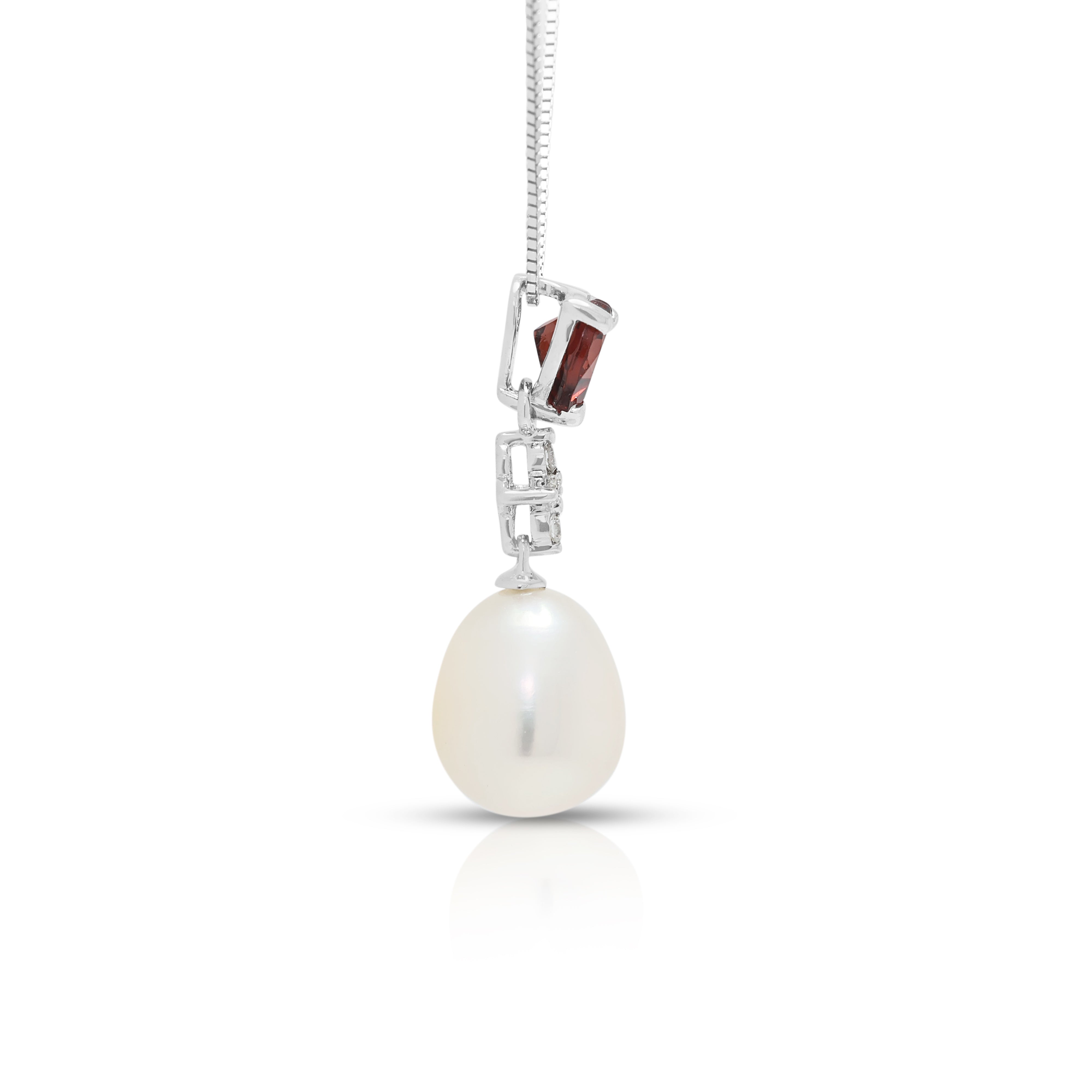 Enchanting 0.30ct Garnet, Pearl and 0.02ct Natural Diamond Drop Pendant Necklace in 14K White Gold