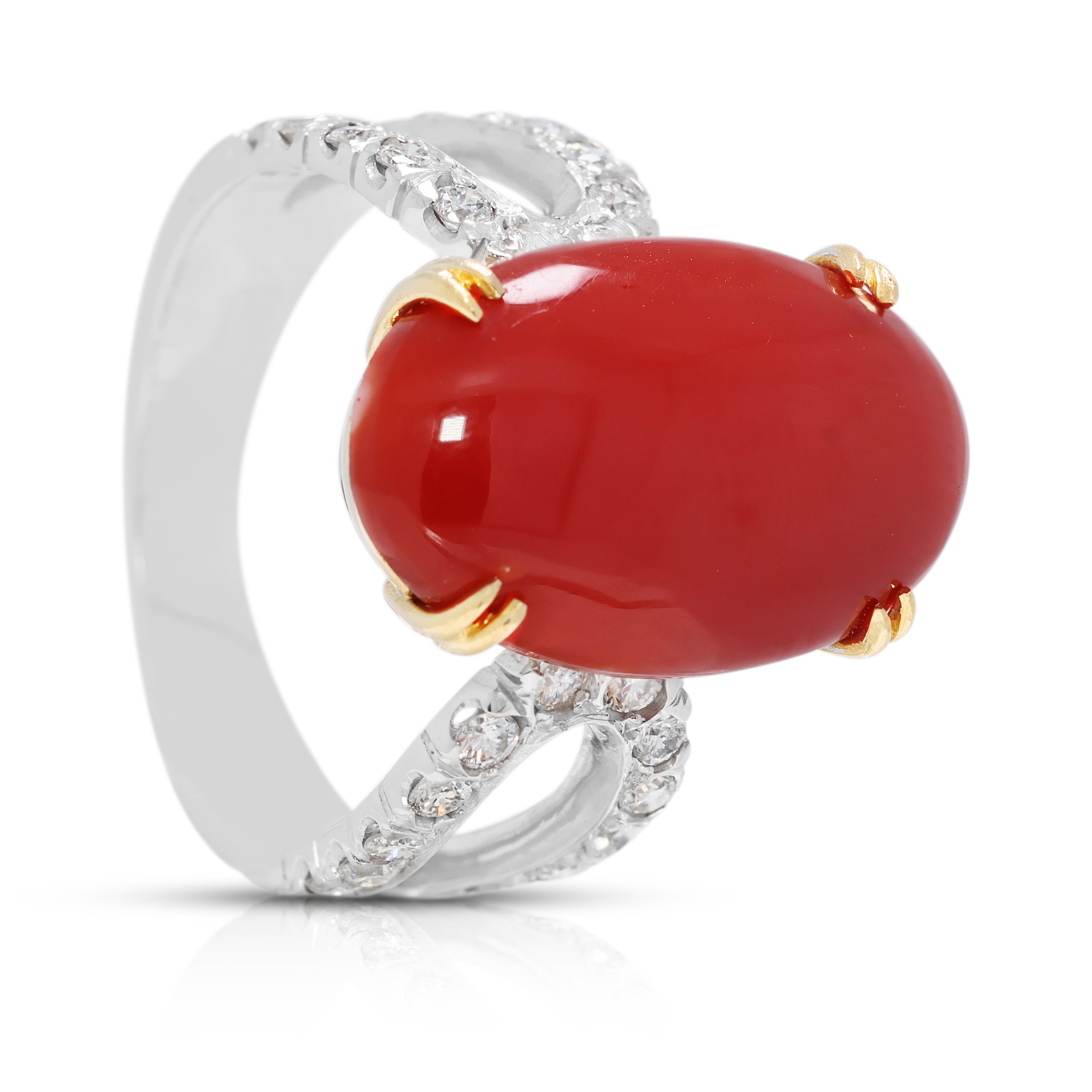 Bold 0.84ct Natural Diamond & Coral Oval Ring in 18K Two-Toned Gold (New & Unworn)