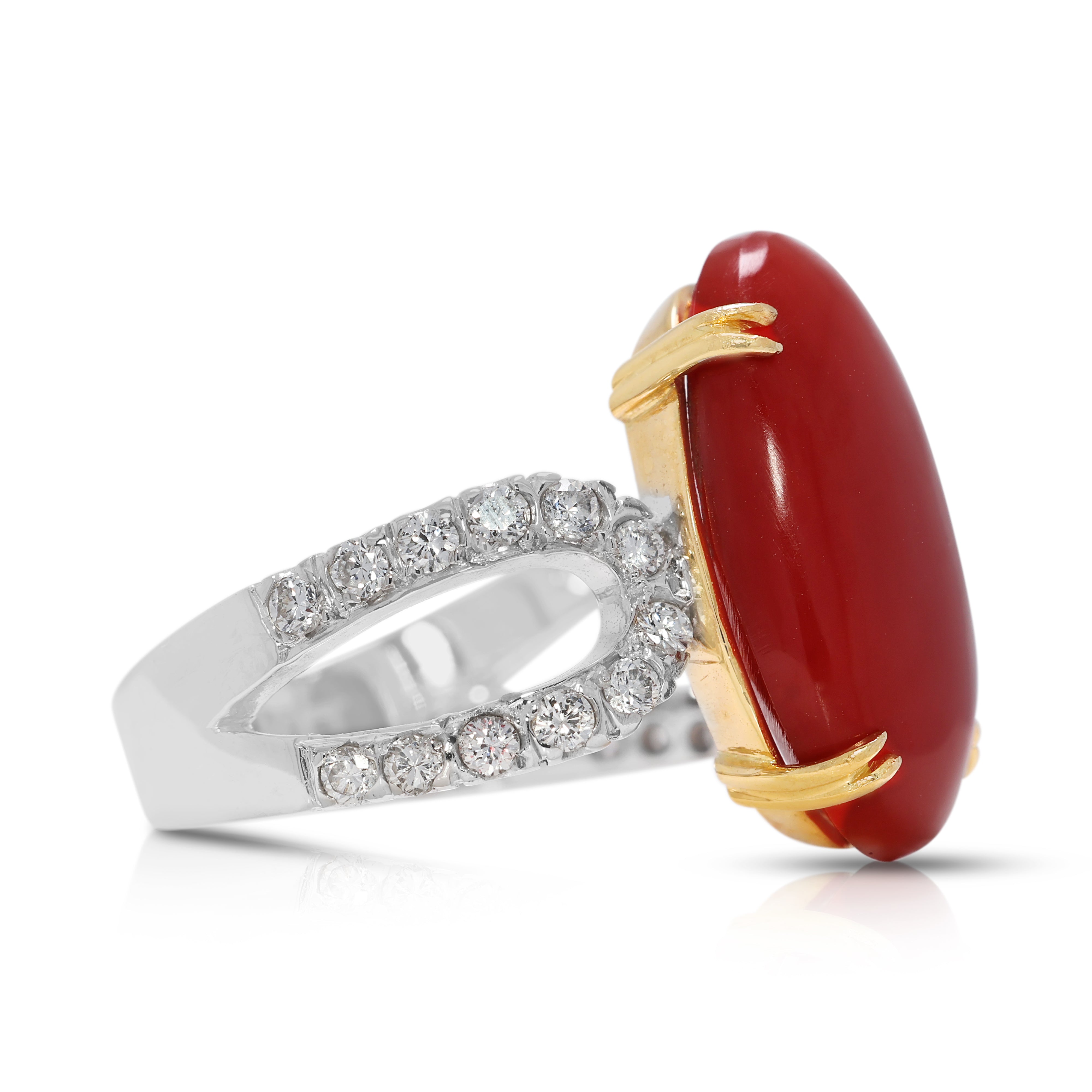 Bold 0.84ct Natural Diamond & Coral Oval Ring in 18K Two-Toned Gold (New & Unworn)