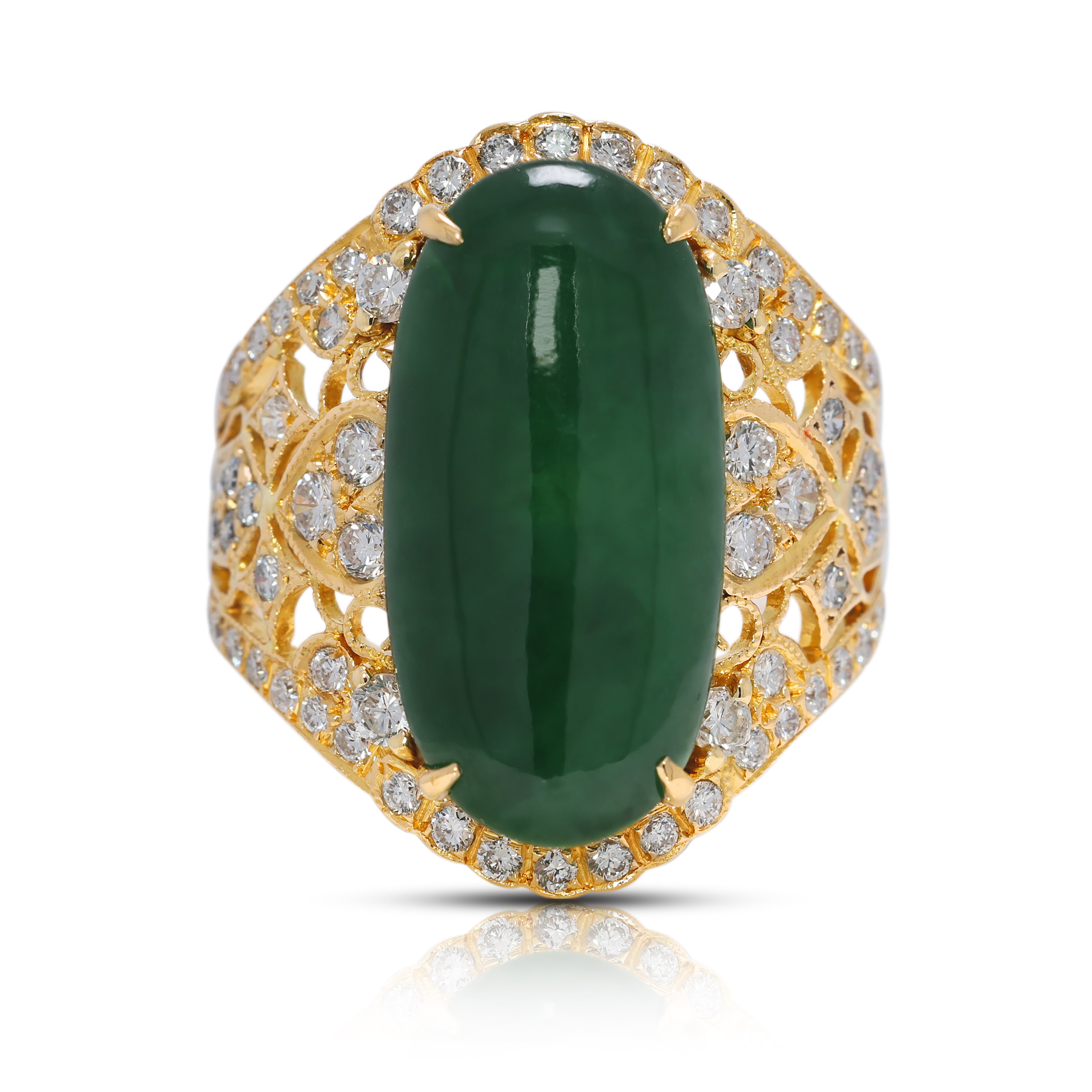 Exquisite 0.72ct Natural Diamond & Jadeite Cocktail Ring in 20K Yellow Gold - NGI Certified