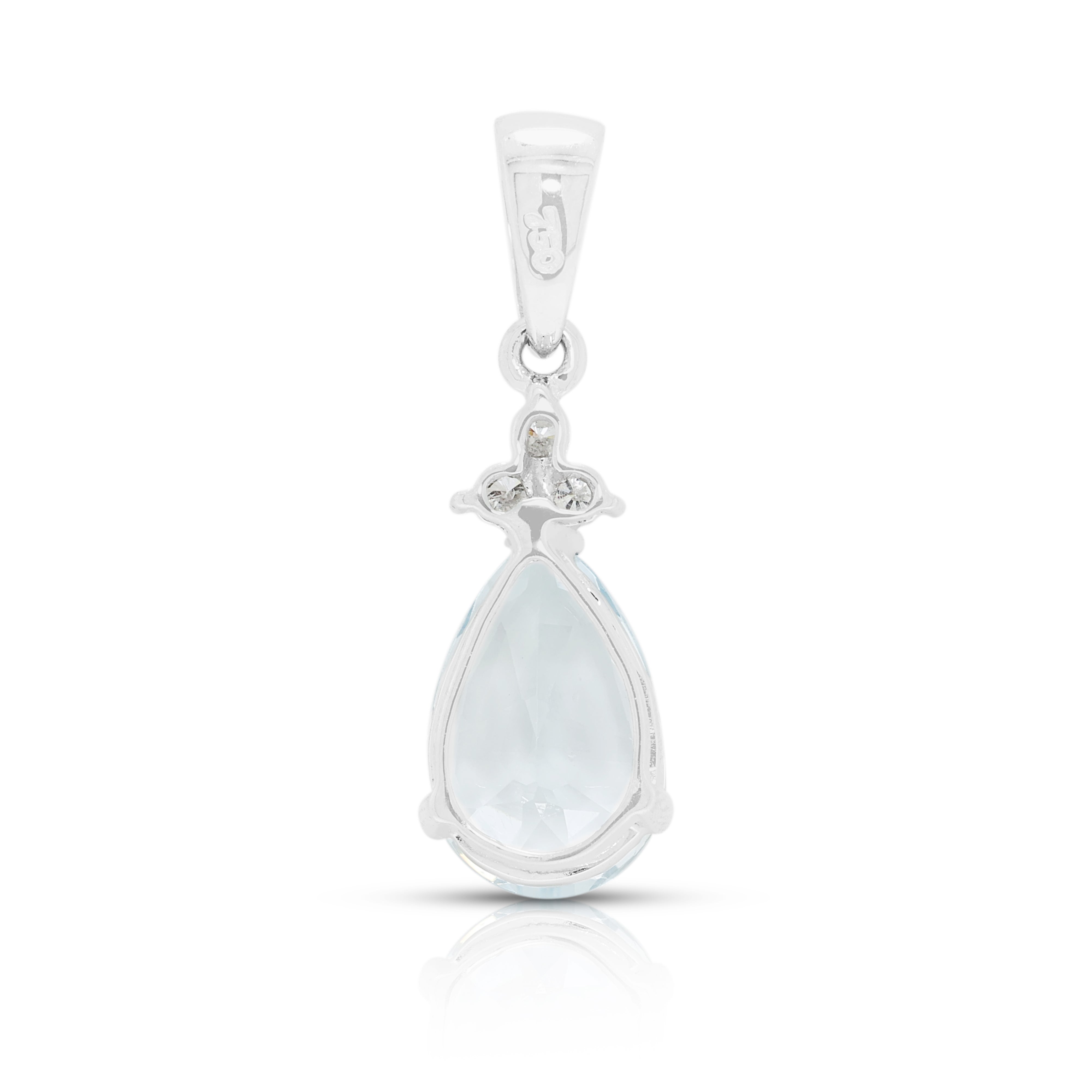 Elegant 1.30ct Aquamarine and 0.03ct Natural Diamond Floral Drop Pendant in 18K White Gold