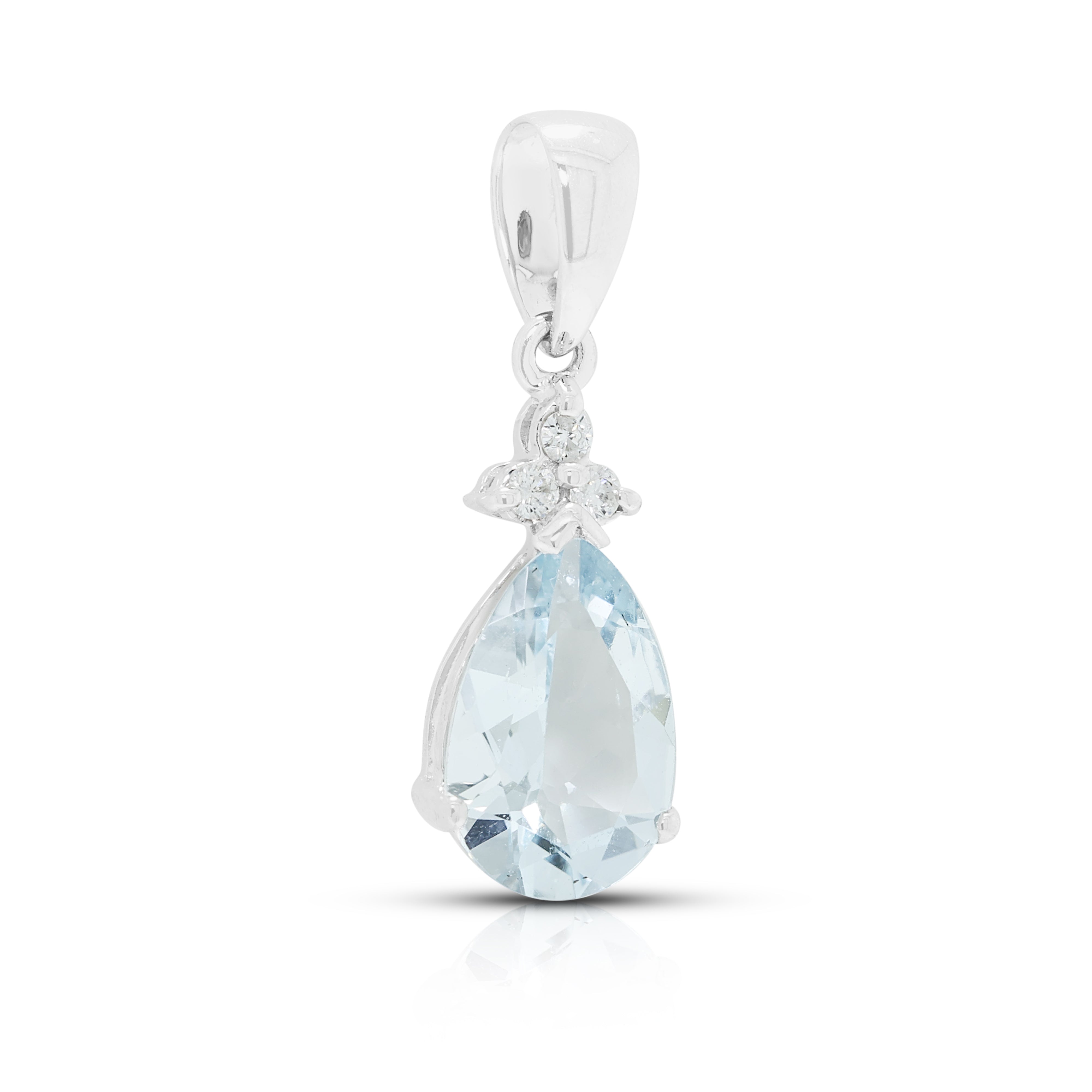 Elegant 1.30ct Aquamarine and 0.03ct Natural Diamond Floral Drop Pendant in 18K White Gold