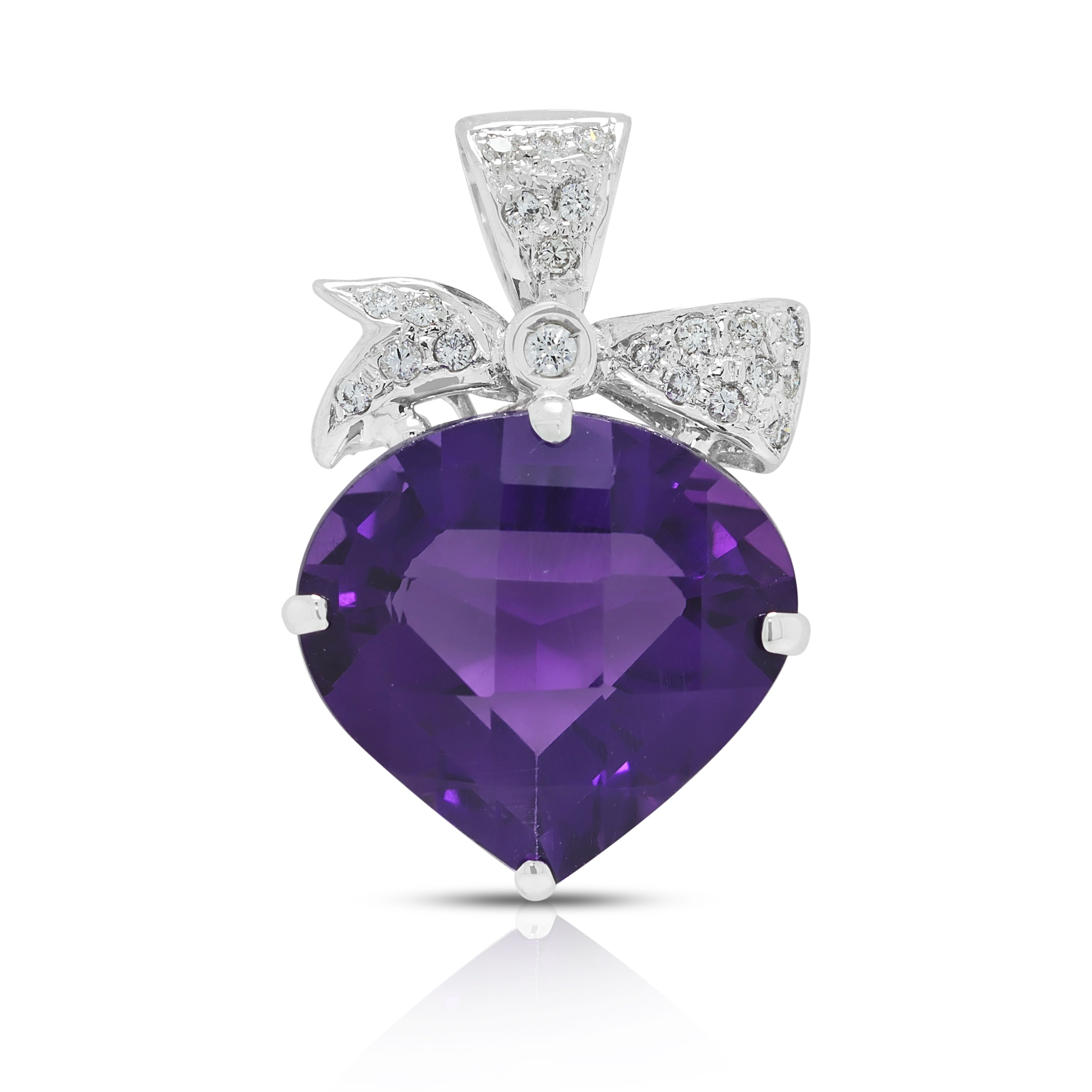 Romantic 9.50ct Amethyst and 0.11ct Natural Diamond Ribbon Bow Drop Pendant in 18K White Gold