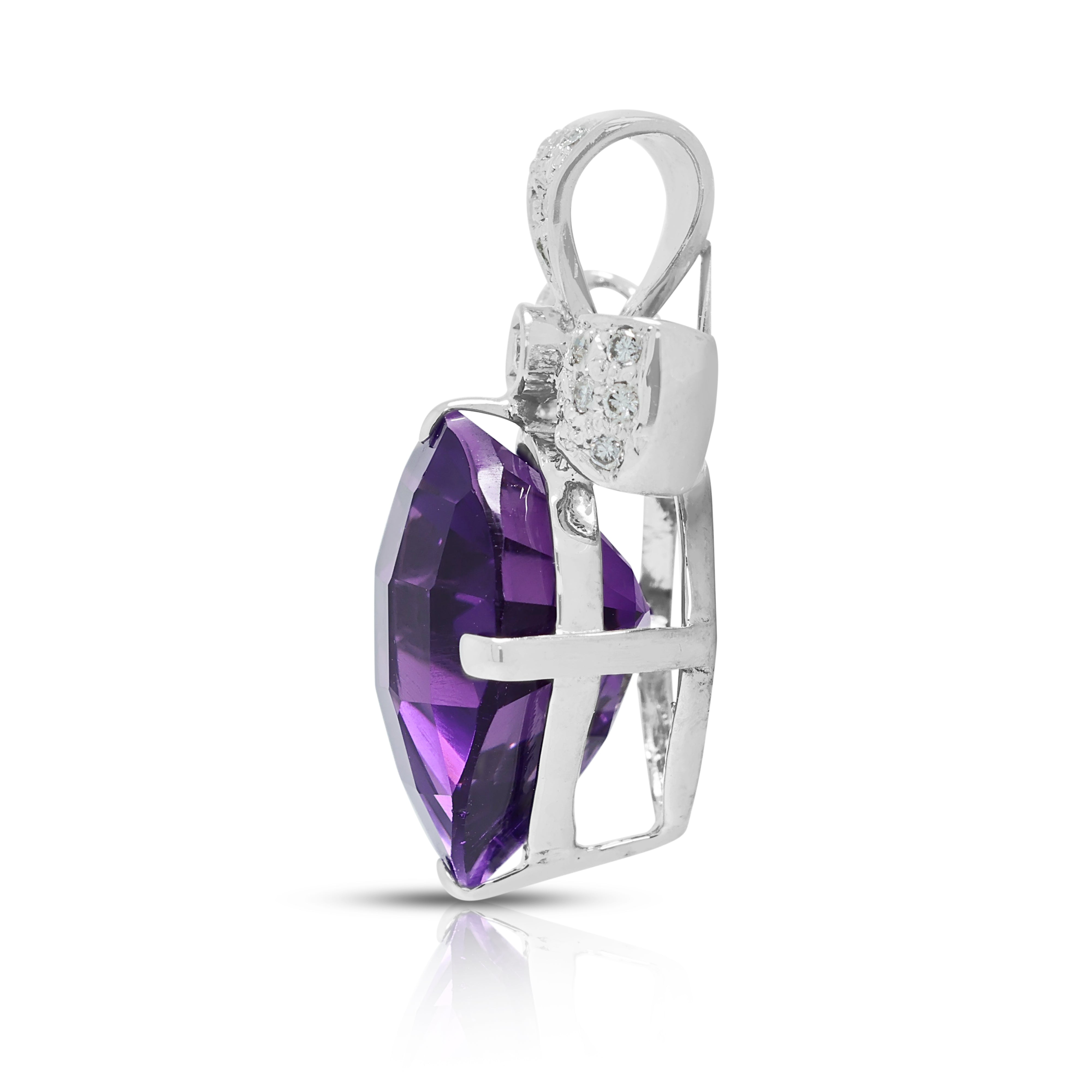 Romantic 9.50ct Amethyst and 0.11ct Natural Diamond Ribbon Bow Drop Pendant in 18K White Gold