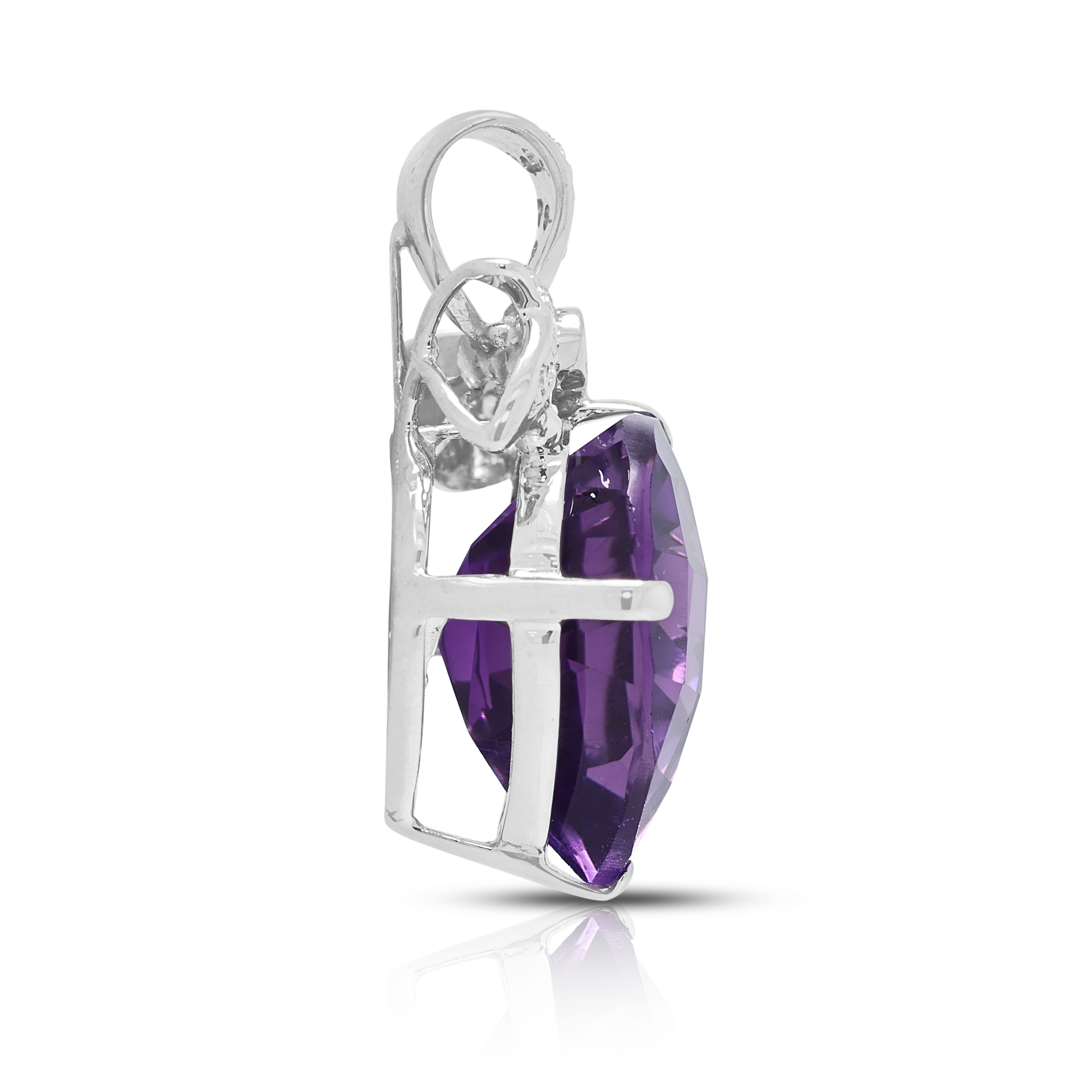 Romantic 9.50ct Amethyst and 0.11ct Natural Diamond Ribbon Bow Drop Pendant in 18K White Gold
