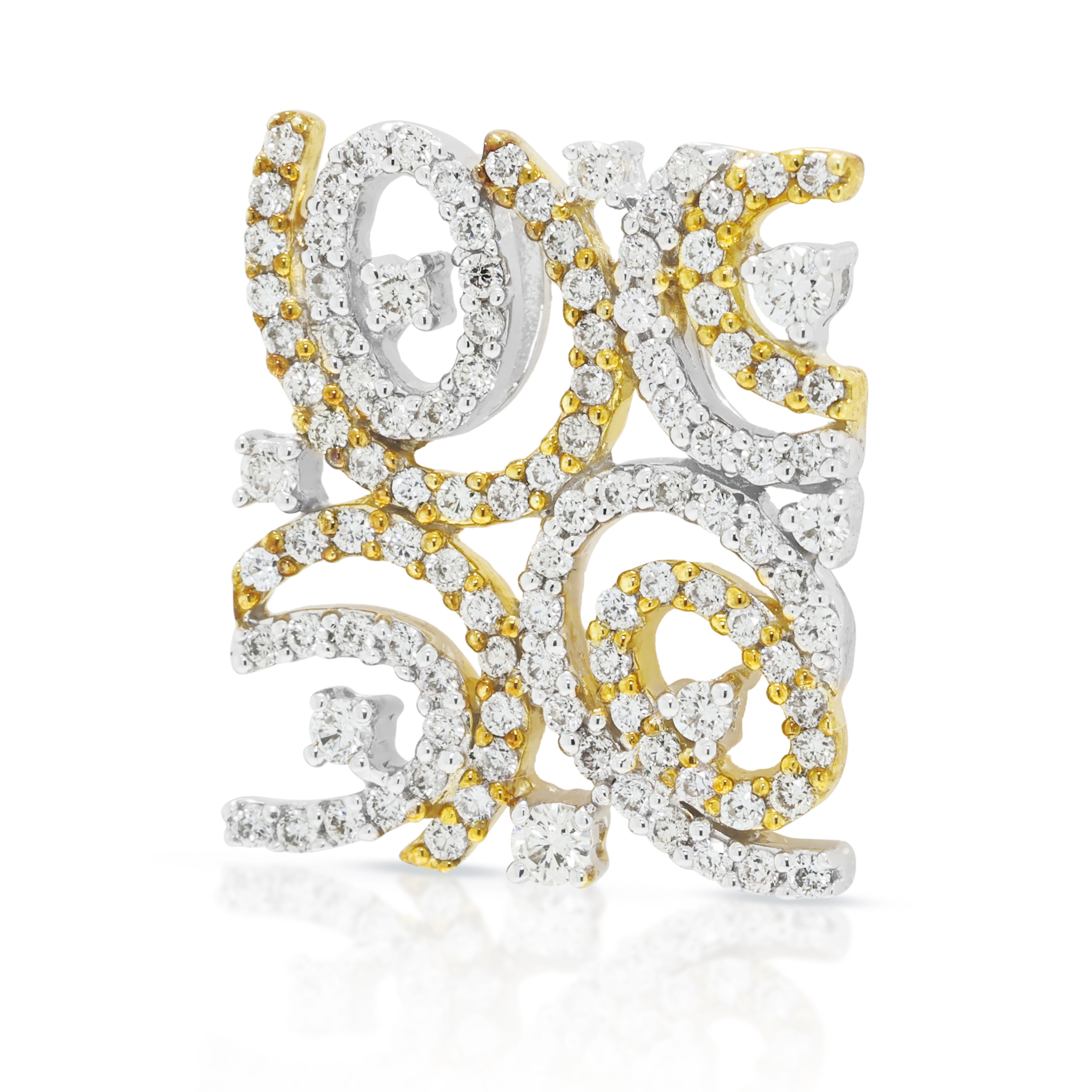Ornate 0.47ct Natural Diamond Geometric Scroll Plaque Pendant in 18K Two-Tone Gold