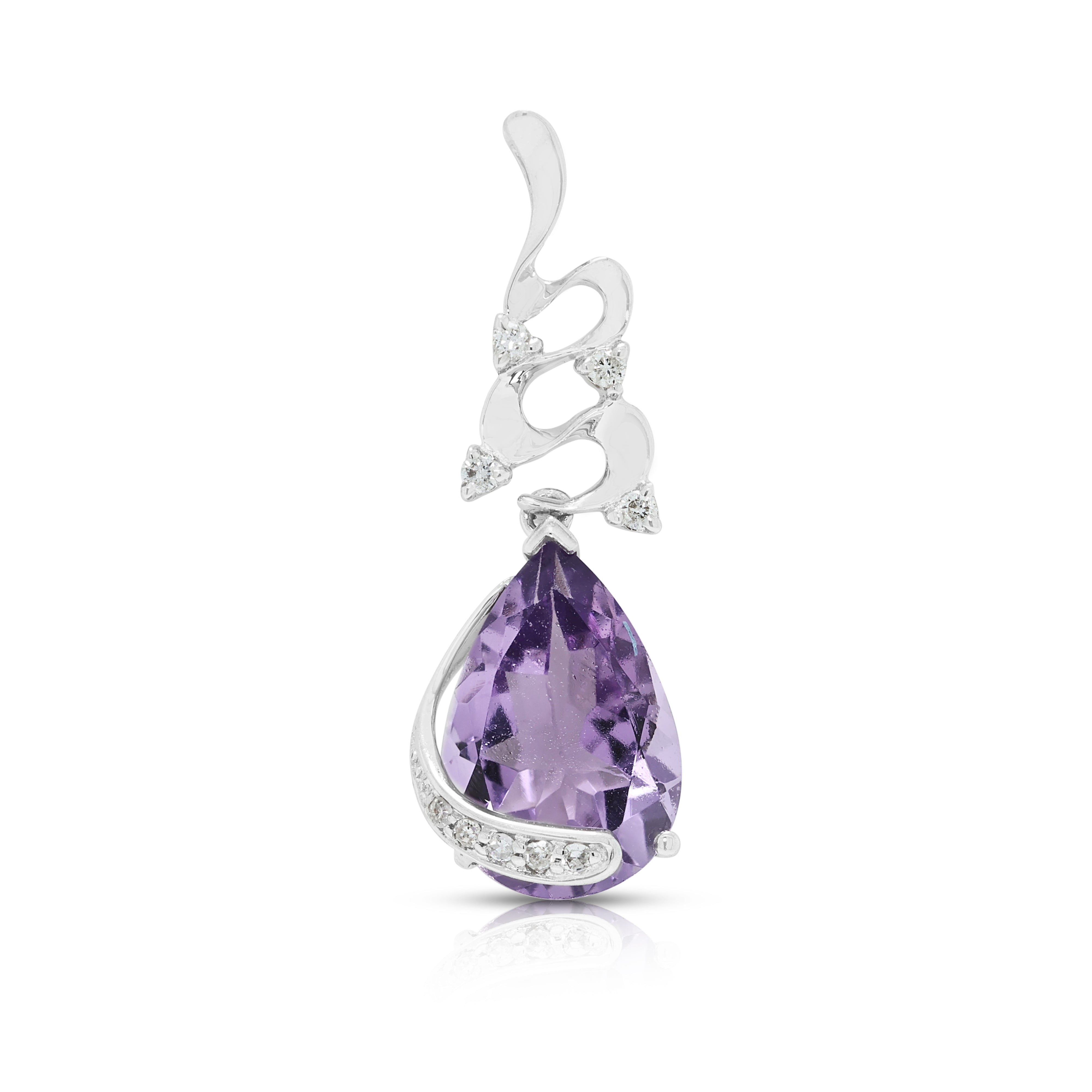 Elegant 2.20ct Amethyst and 0.07ct Natural Diamond Ribbon Scroll Drop Pendant in 18K White Gold