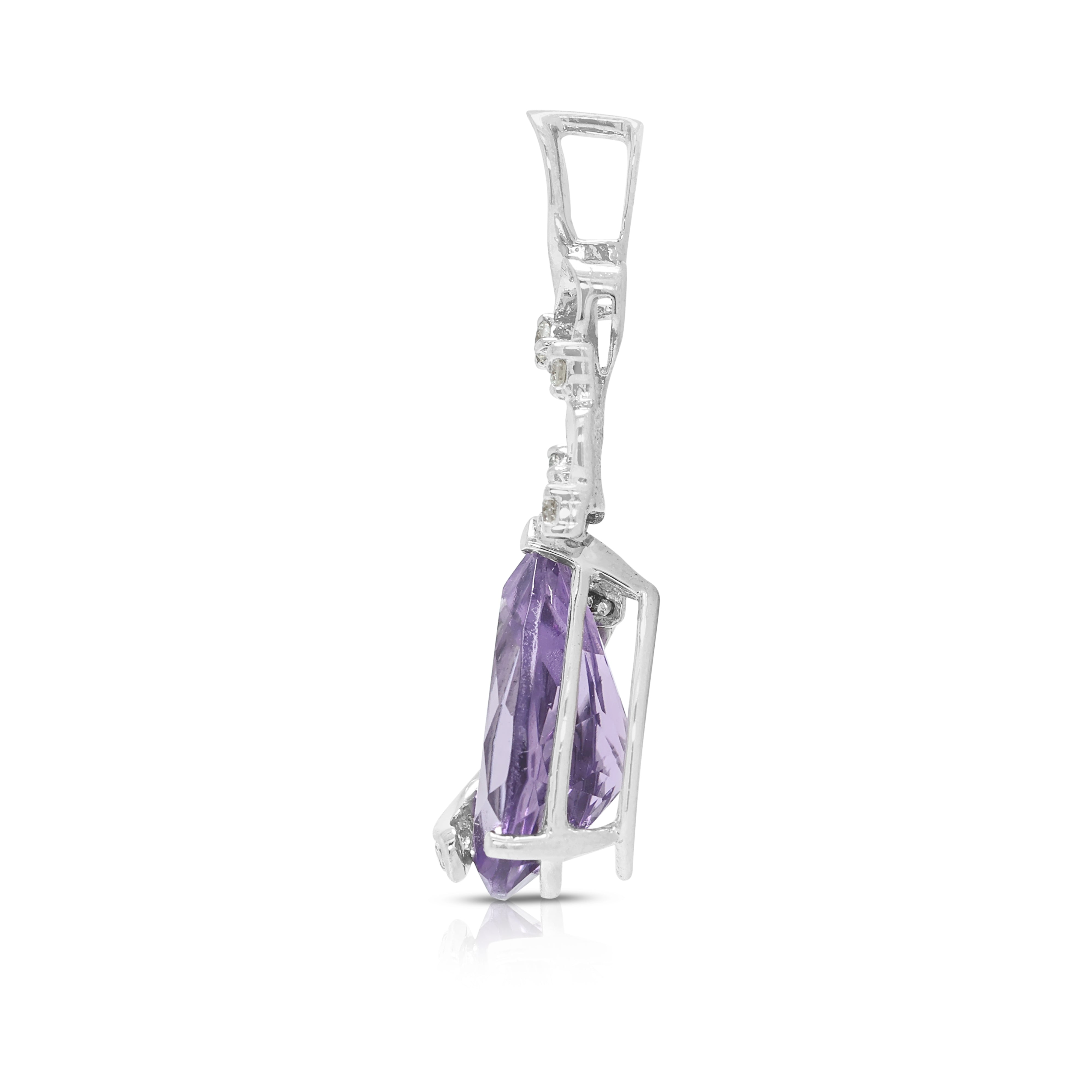 Elegant 2.20ct Amethyst and 0.07ct Natural Diamond Ribbon Scroll Drop Pendant in 18K White Gold