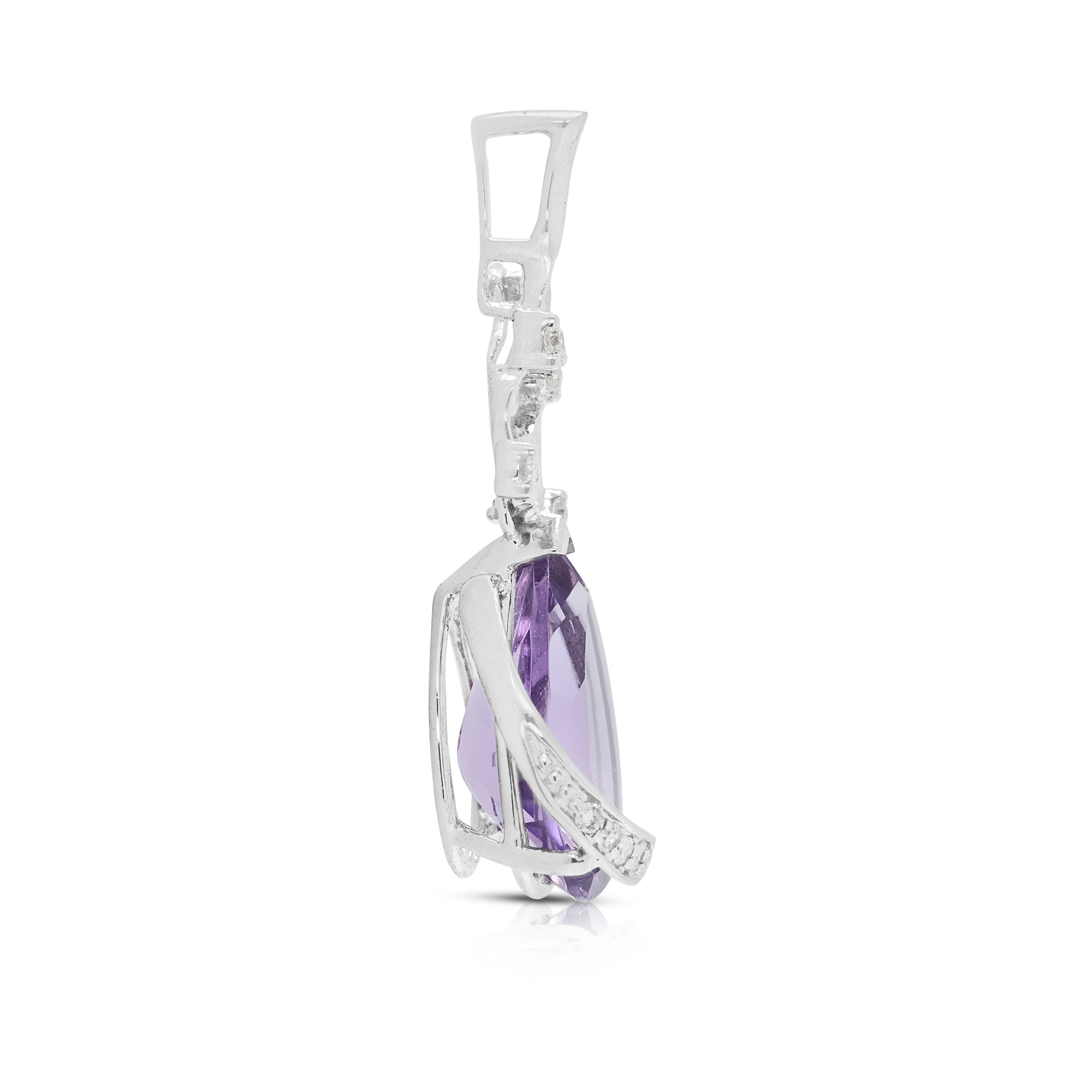 Elegant 2.20ct Amethyst and 0.07ct Natural Diamond Ribbon Scroll Drop Pendant in 18K White Gold