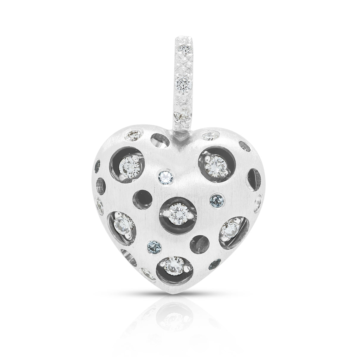 Sculptural 0.03ct Light Blue Spinel and 0.19ct Natural Diamond Satin-Finished Bubble Heart Pendant in 18K White Gold