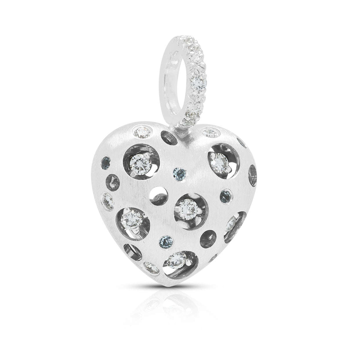 Sculptural 0.03ct Light Blue Spinel and 0.19ct Natural Diamond Satin-Finished Bubble Heart Pendant in 18K White Gold