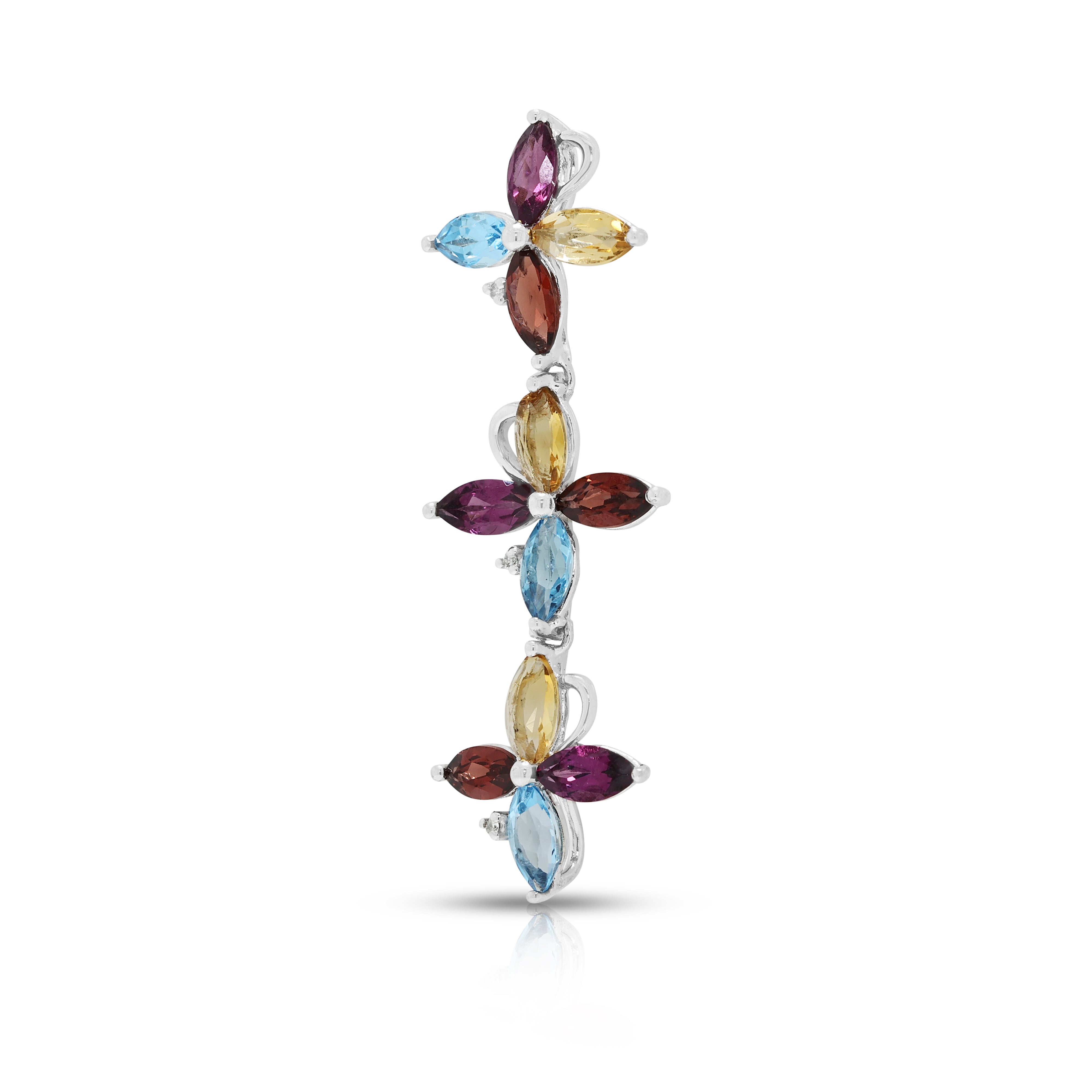 Vibrant 0.60ct Garnet, 0.30ct Topaz, 0.30ct Citrine and 0.01ct Natural Diamond Articulated Floral Drop Pendant in 18K White Gold