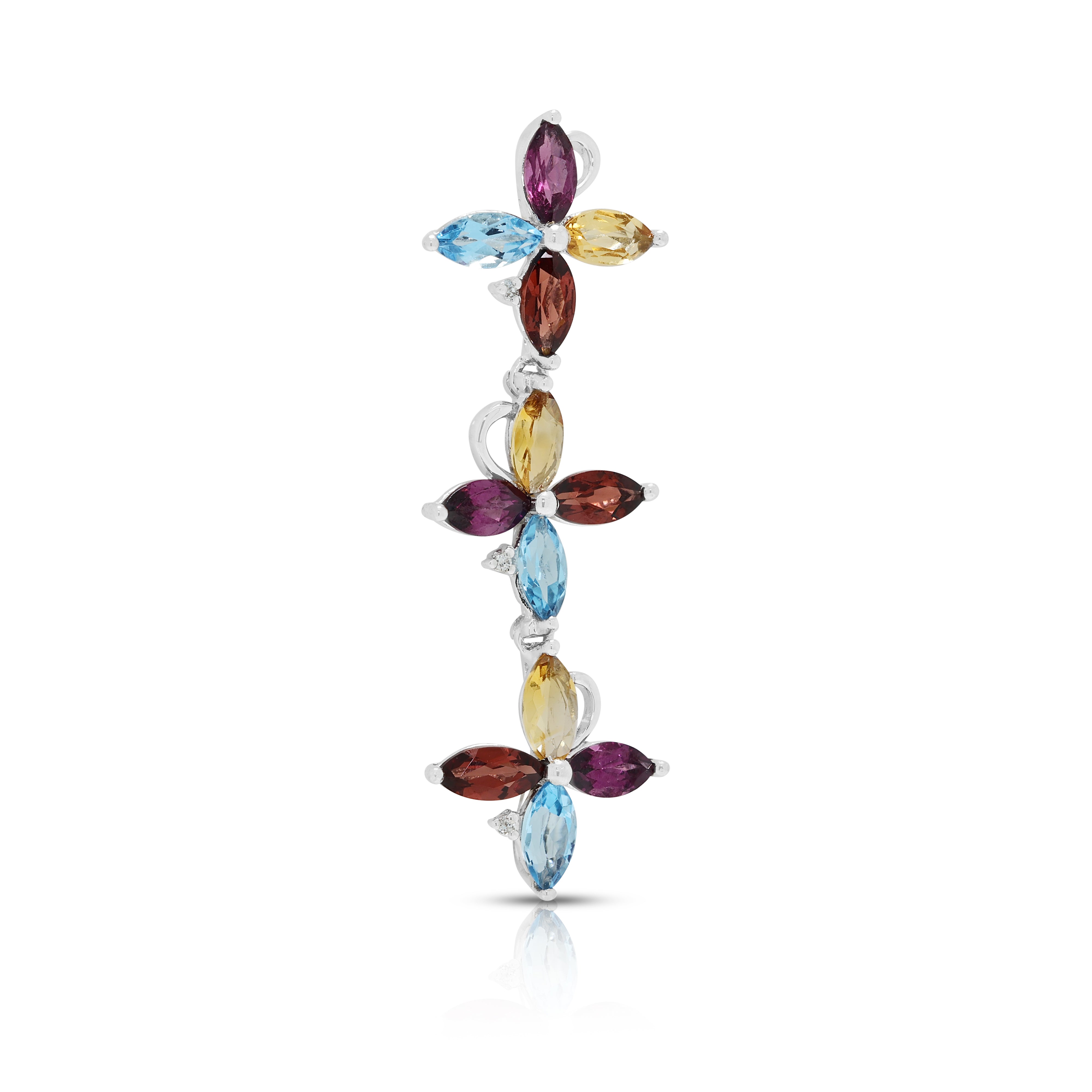 Vibrant 0.60ct Garnet, 0.30ct Topaz, 0.30ct Citrine and 0.01ct Natural Diamond Articulated Floral Drop Pendant in 18K White Gold