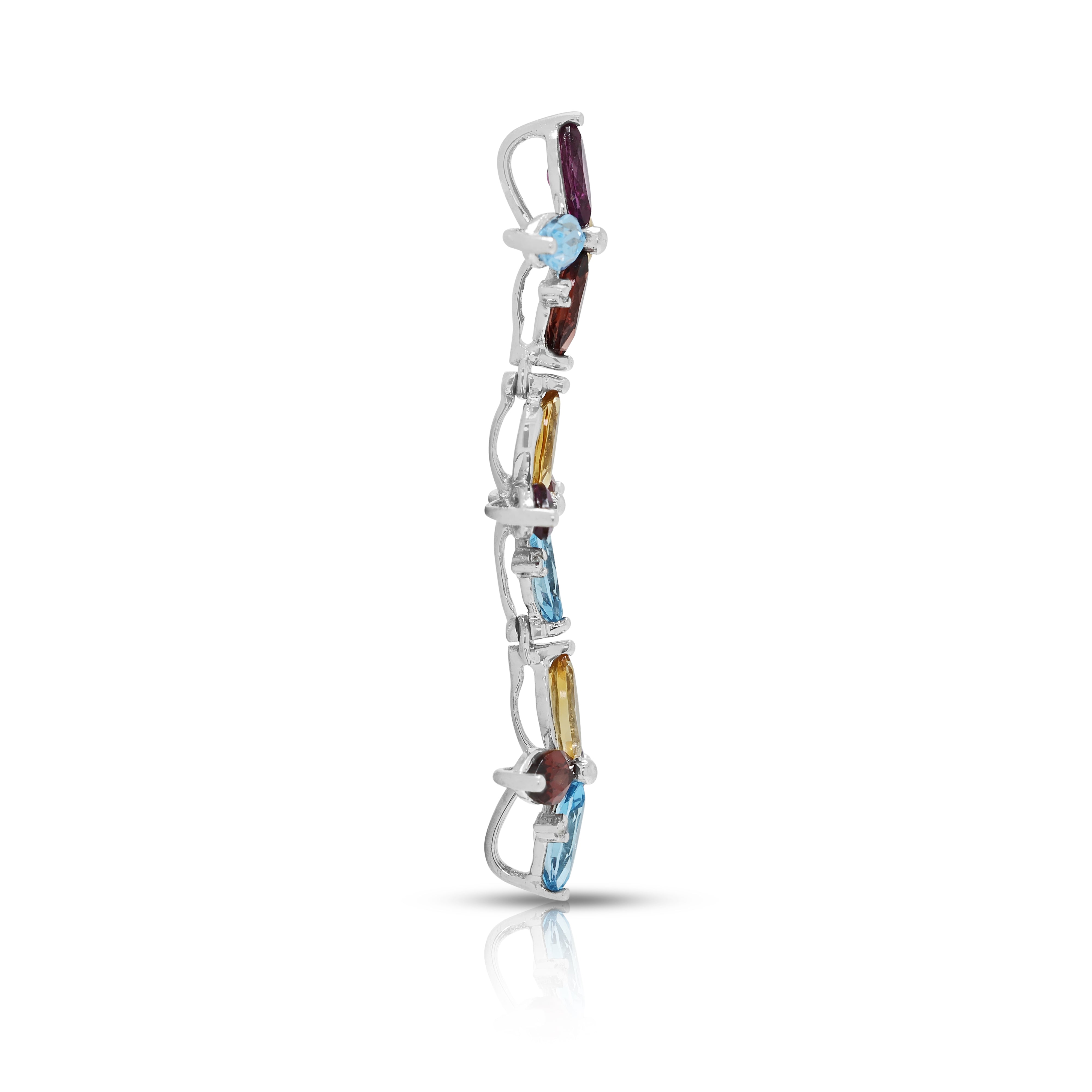 Vibrant 0.60ct Garnet, 0.30ct Topaz, 0.30ct Citrine and 0.01ct Natural Diamond Articulated Floral Drop Pendant in 18K White Gold
