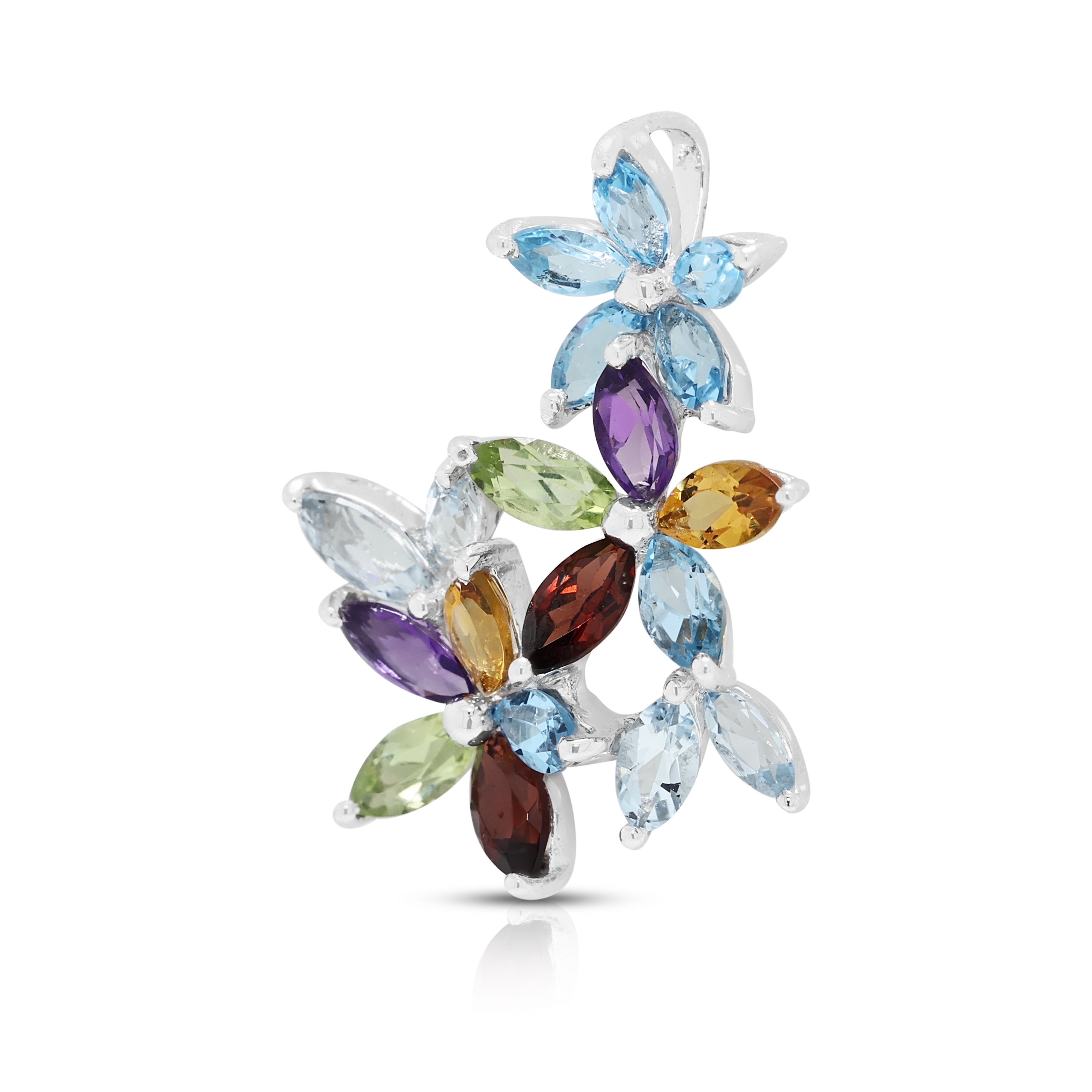 Vibrant 0.55ct Blue Topaz and 0.40ct Multi-Gemstone Bouquet Cluster Pendant in 18K White Gold