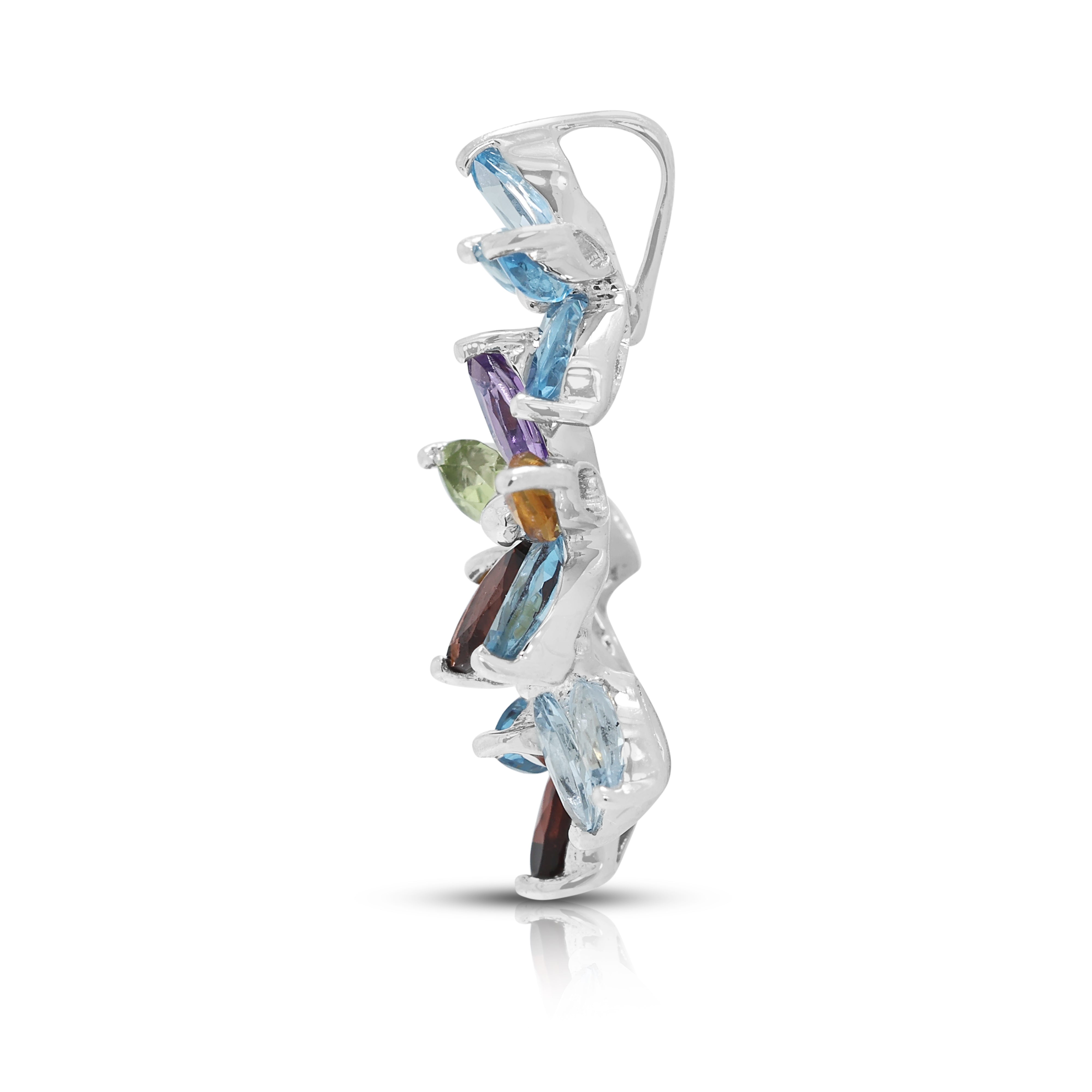 Vibrant 0.55ct Blue Topaz and 0.40ct Multi-Gemstone Bouquet Cluster Pendant in 18K White Gold