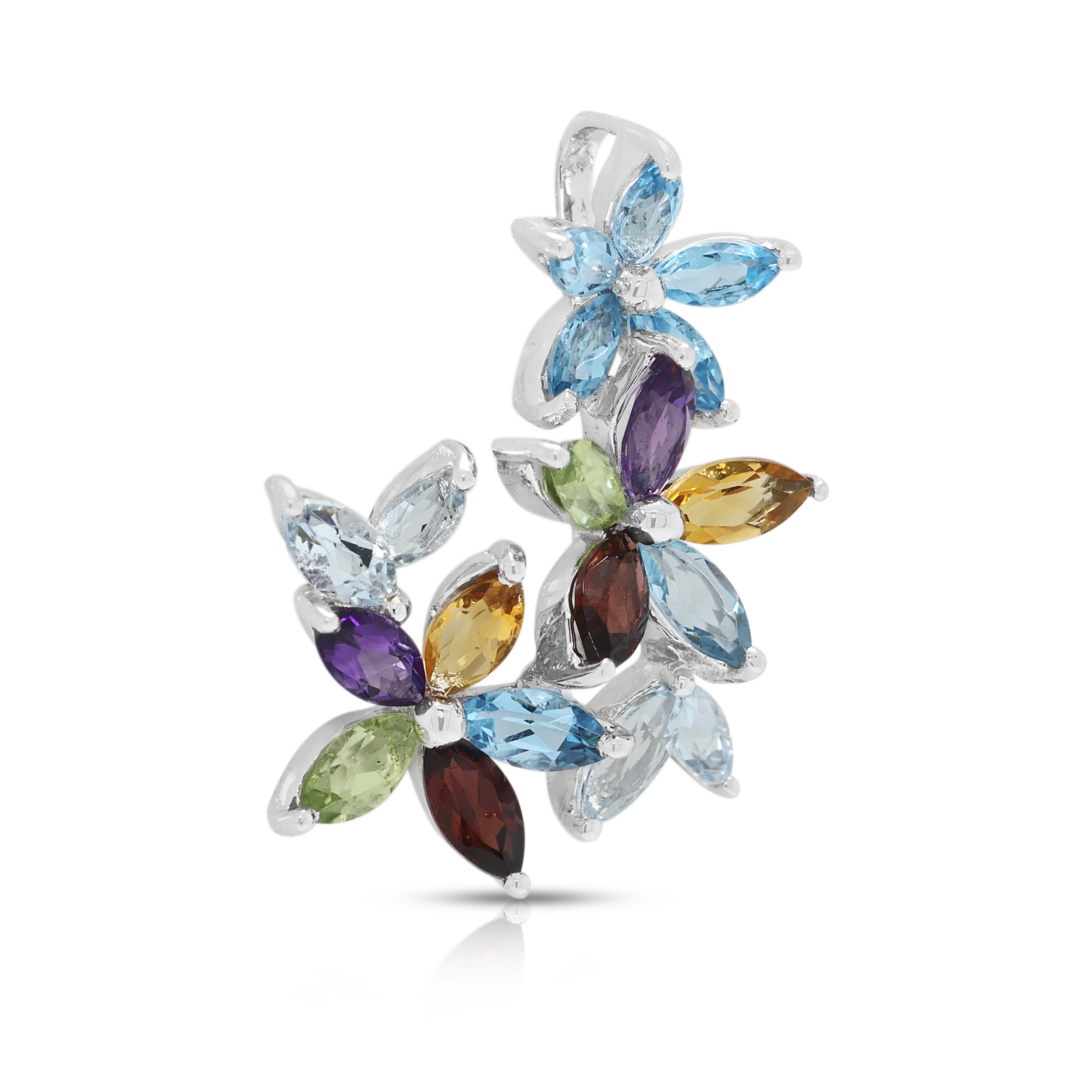 Vibrant 0.55ct Blue Topaz and 0.40ct Multi-Gemstone Bouquet Cluster Pendant in 18K White Gold
