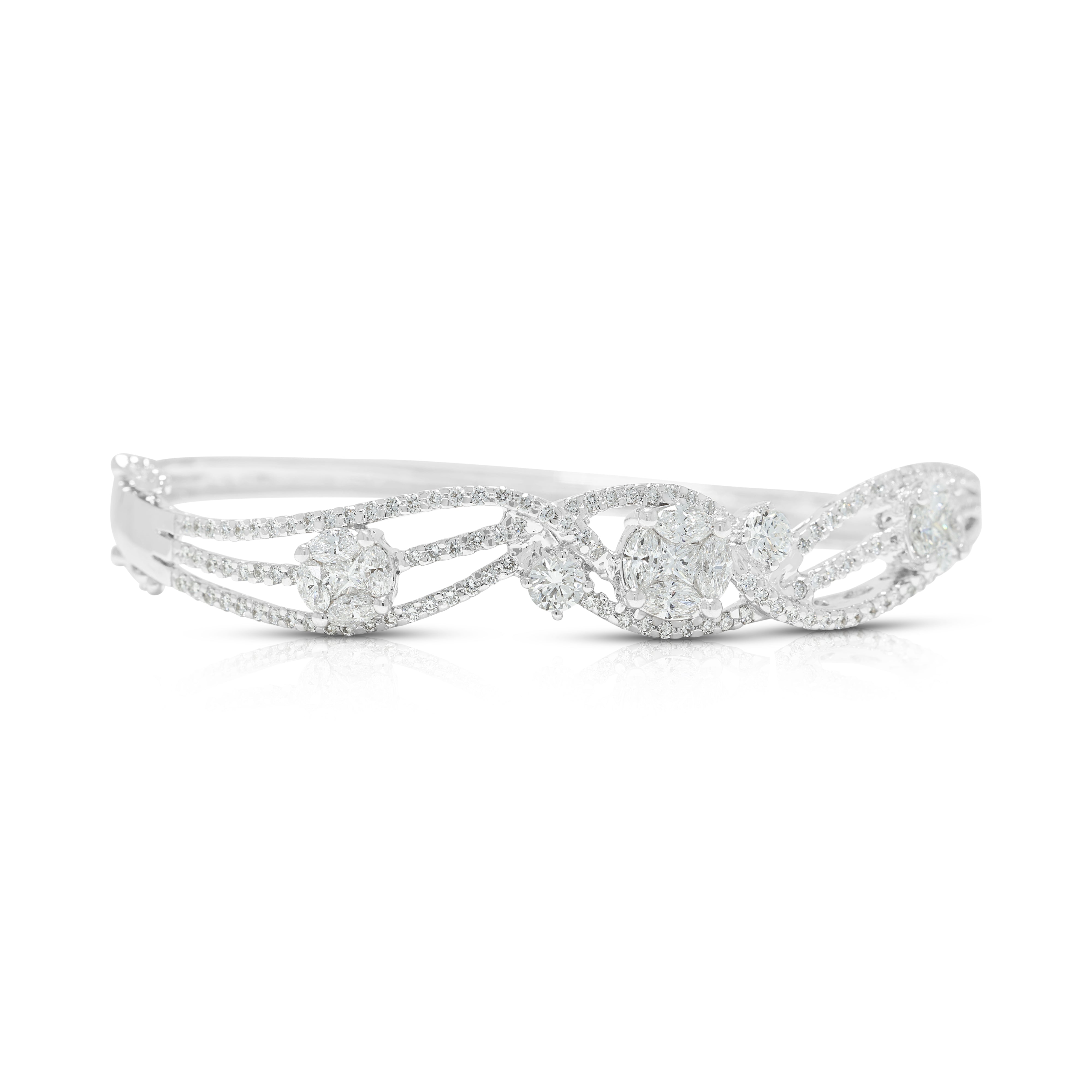 Stunning 2.98ct Natural Diamond Open-Work Cluster Bangle Bracelet in 18K White Gold (New)