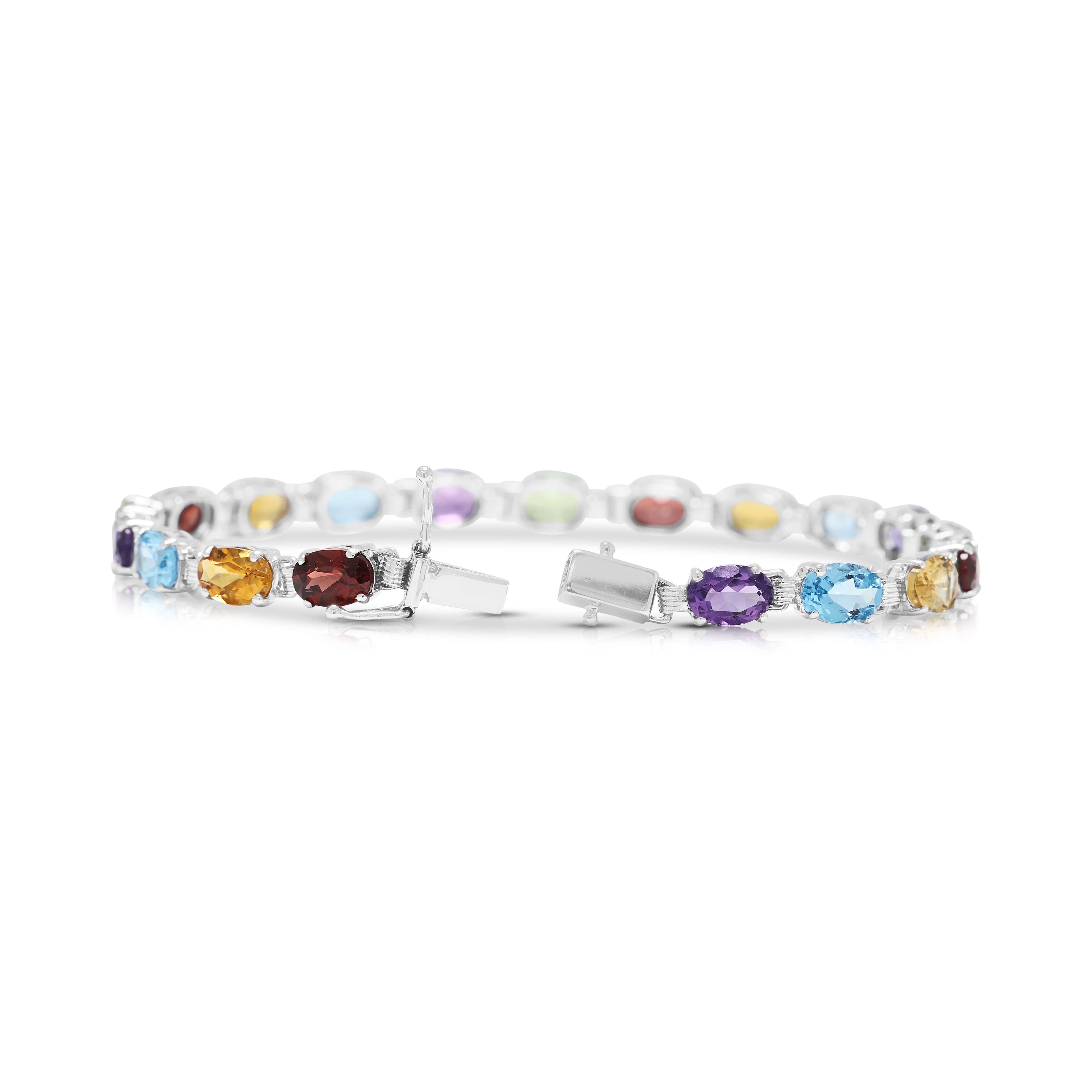 Vibrant 1.20ct Amethyst, 1.20ct Topaz, 1.20ct Citrine, 1.20ct Garnet and 0.90ct Peridot Rainbow Link Bracelet in 18K White Gold