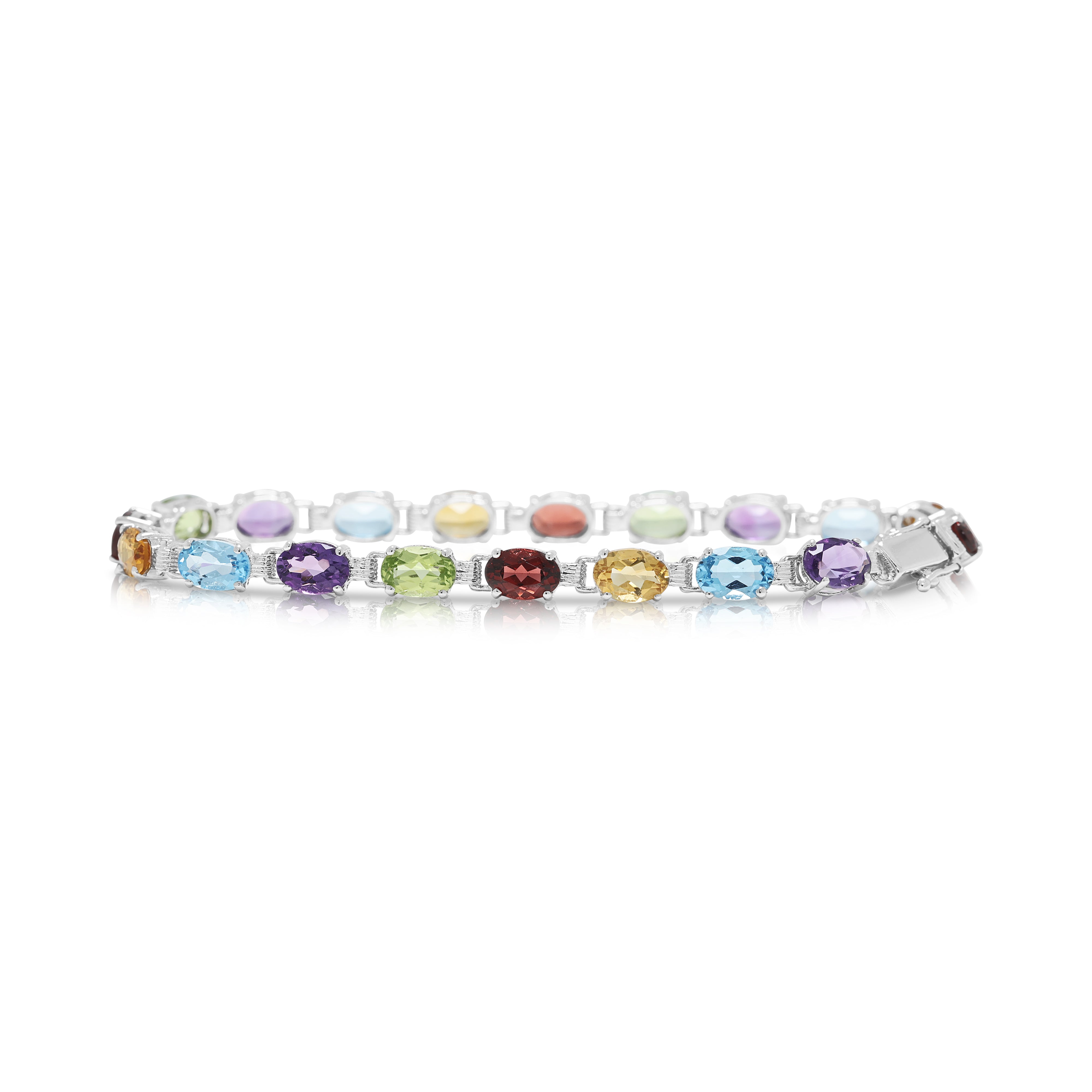 Vibrant 1.20ct Amethyst, 1.20ct Topaz, 1.20ct Citrine, 1.20ct Garnet and 0.90ct Peridot Rainbow Link Bracelet in 18K White Gold