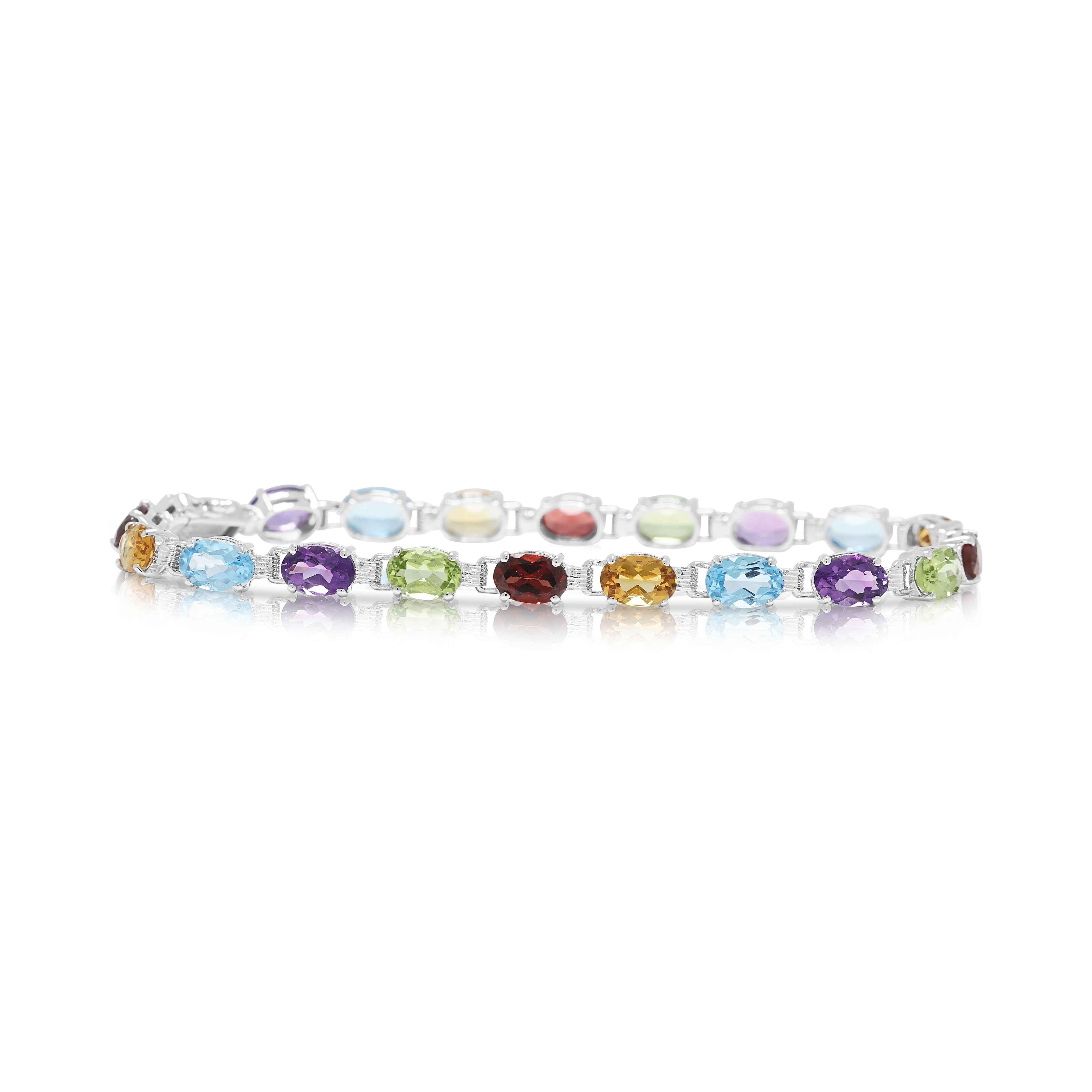 Vibrant 1.20ct Amethyst, 1.20ct Topaz, 1.20ct Citrine, 1.20ct Garnet and 0.90ct Peridot Rainbow Link Bracelet in 18K White Gold