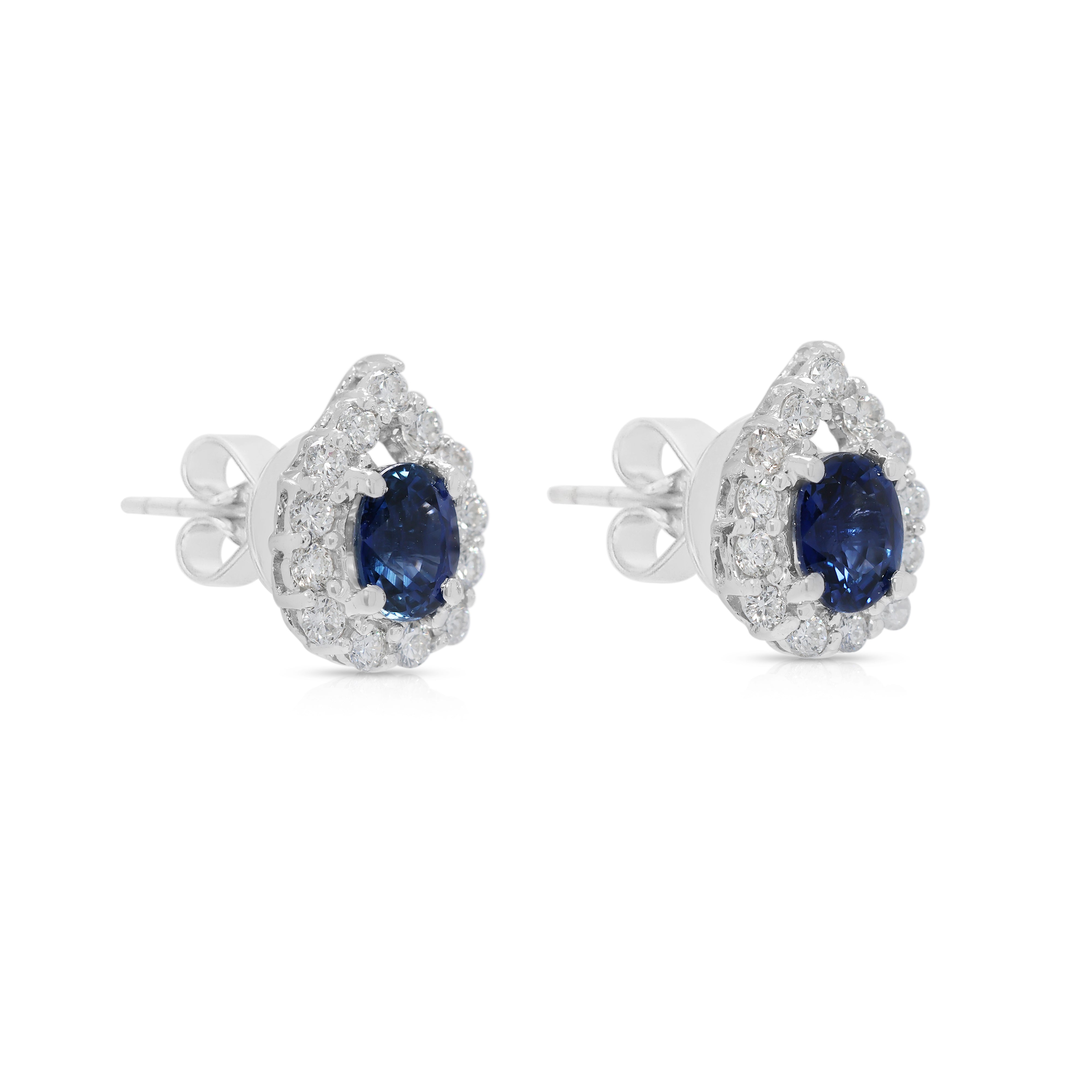 Radiant 0.80ct Sapphire & Natural Diamond Halo Earrings in 18K White Gold